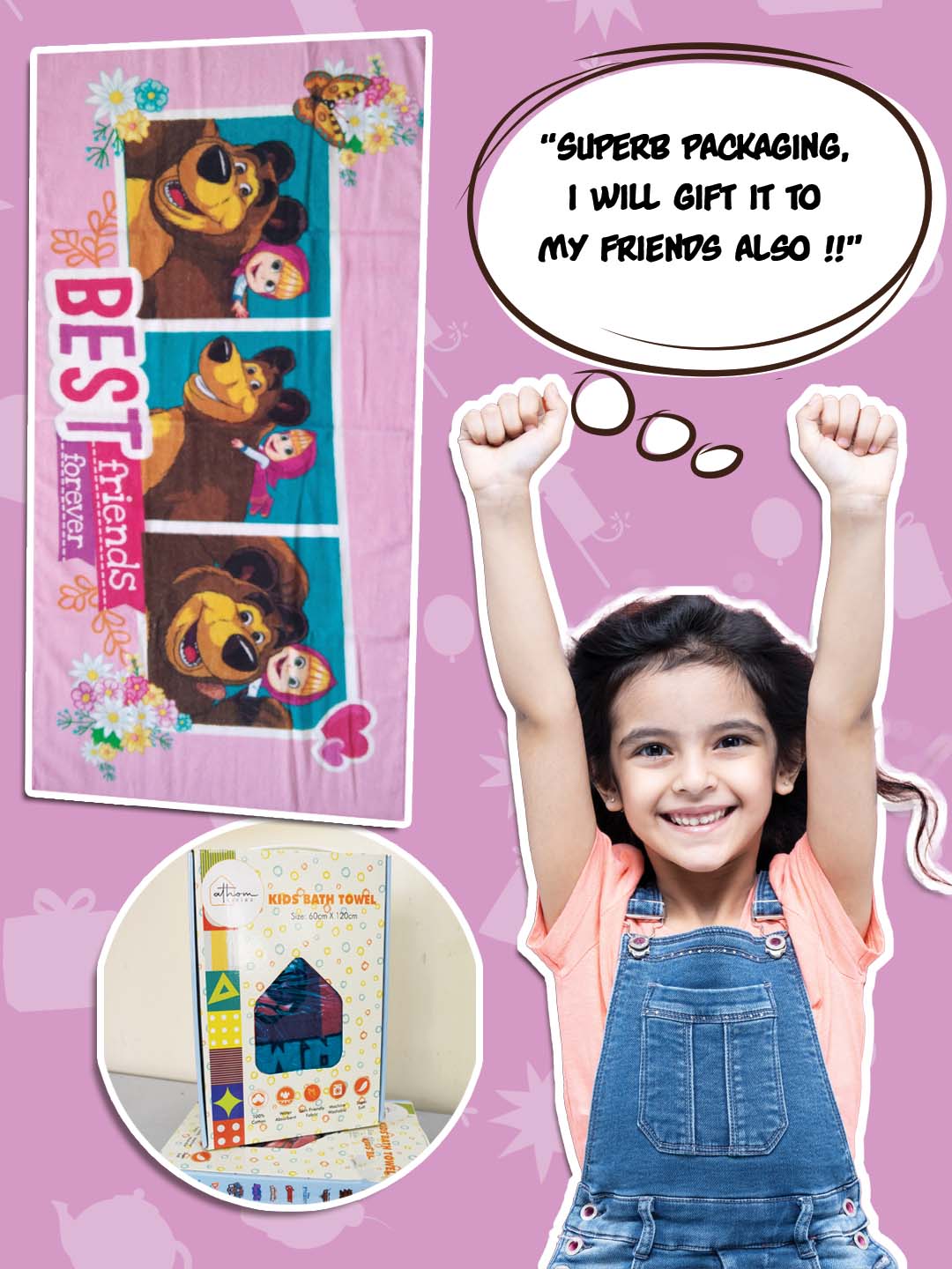 Masha & The Bear themed kids cotton towel by Athom Living, soft pink 350 GSM bath towel 60x120 cm, absorbent & durable.