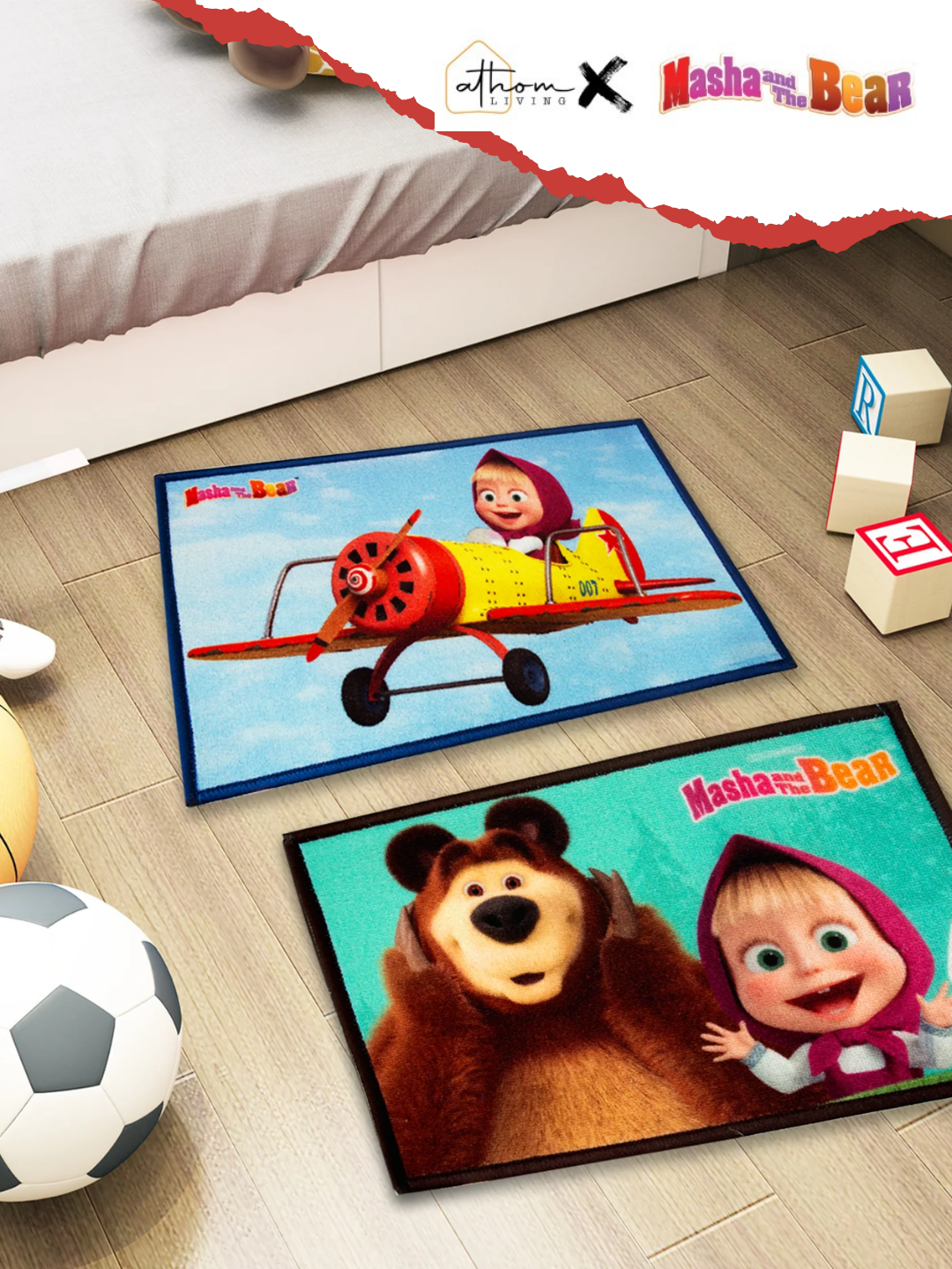 Masha and The Bear Anti-Skid Kids Doormat Set of 2 – Premium printed nylon bath mat for kids, size 37x57 cm. Cute and durable mats with latex anti-skid backing for safe, fun steps by Athom Living.
