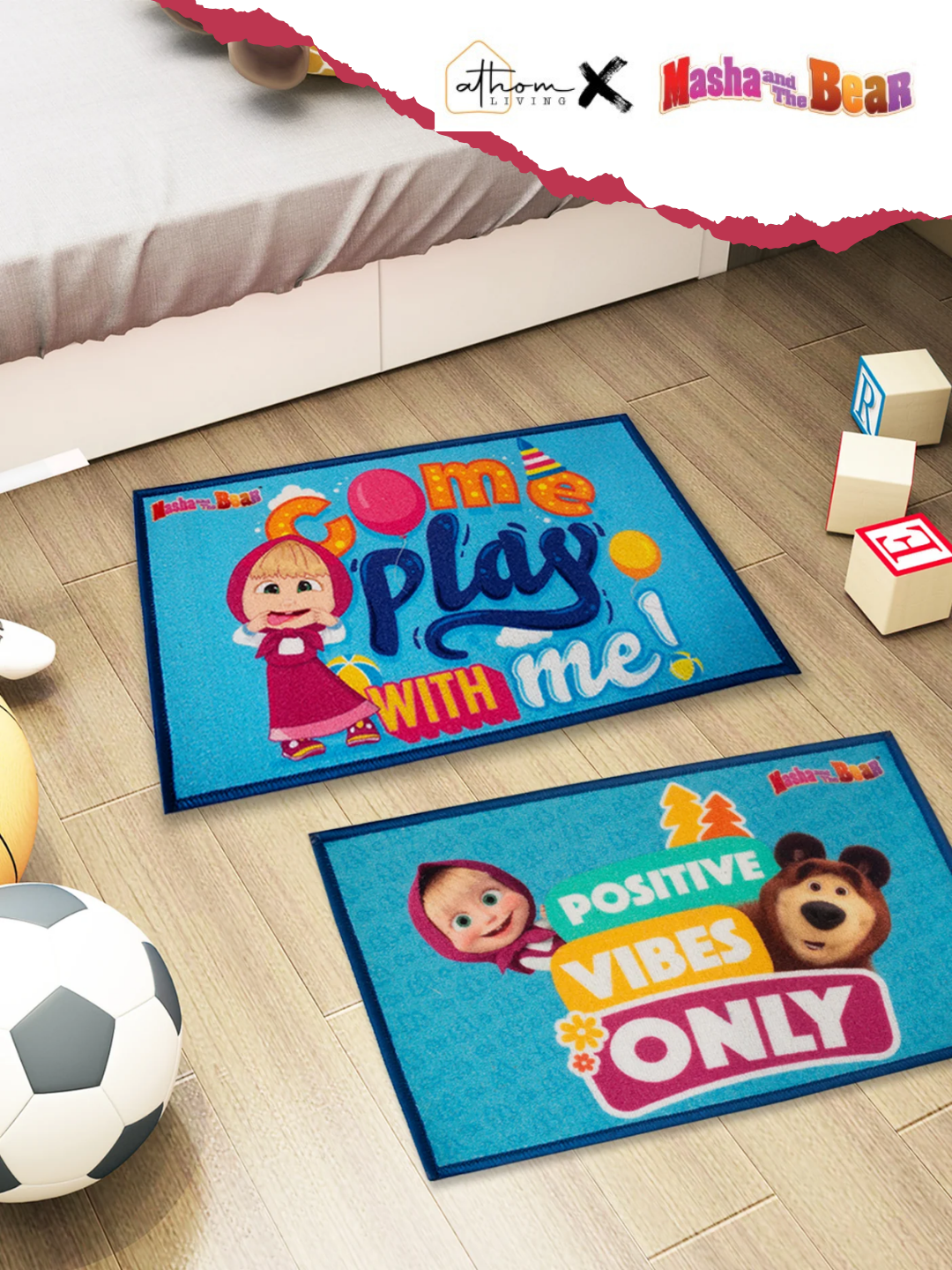 Masha and The Bear Kids Door Mat – Set of 2 Medium (37x57 cm). Premium printed nylon kids doormat with anti-skid latex backing by Athom Living. Cute and colorful bath mat for kids’ rooms and bathrooms.