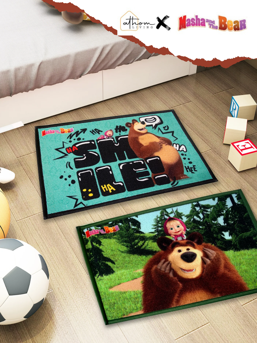Masha and The Bear Kids Door Mat – Set of 2, Medium 37x57 cm, Anti-Skid Bath Mat, Premium Printed Nylon, Latex Backing – Fun and Safe Doormat for Kids’ Room by Athom Living