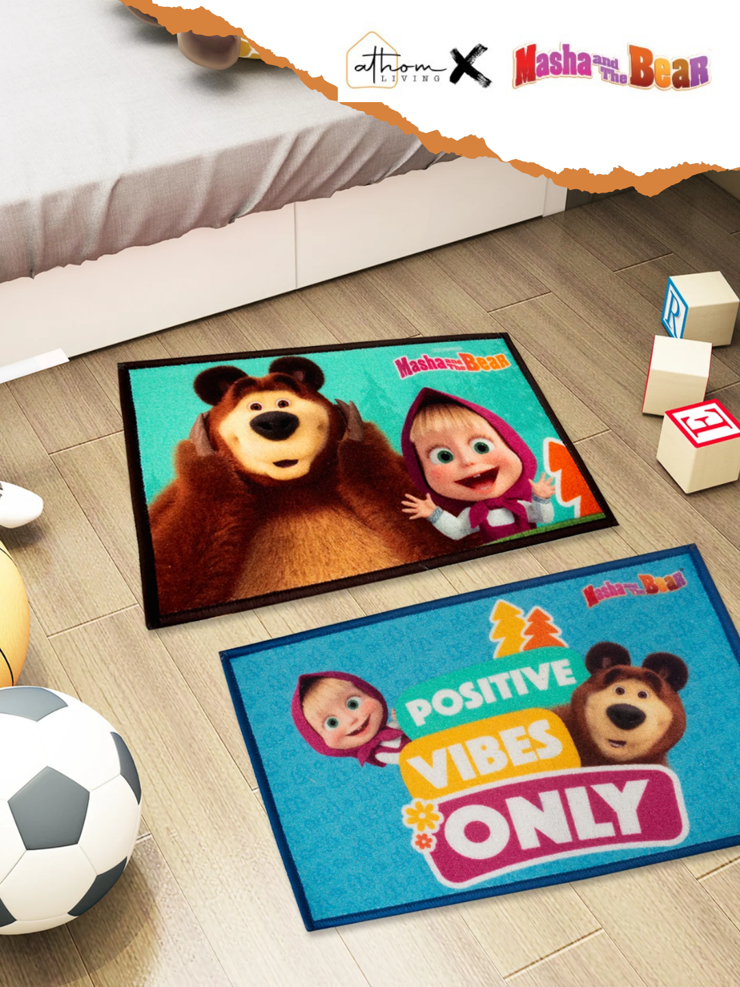 Masha and The Bear Kids Doormat Set of 2 – 37x57 cm Medium Size, Premium Printed Nylon with Anti-Skid Latex Backing – Perfect Kids Door Mat / Bath Mat for Fun and Safe Spaces by Athom Living.