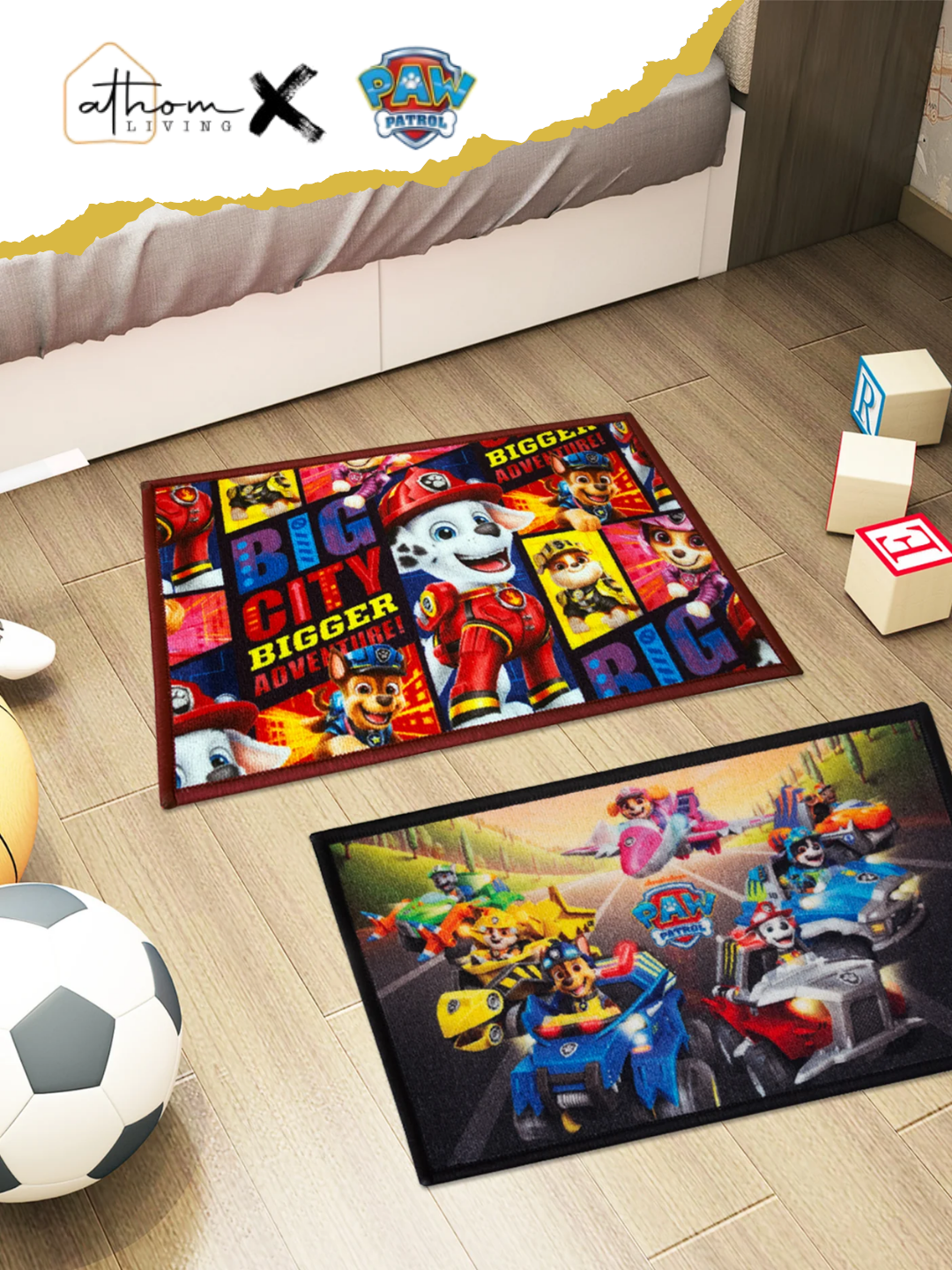 Paw Patrol Kids Doormat – Medium 37x57 cm, Pack of 2, Premium Printed Nylon, Anti-Skid Latex Backing – Fun Big City Adventures for Kids’ Door Mat / Bath Mat by Athom Living