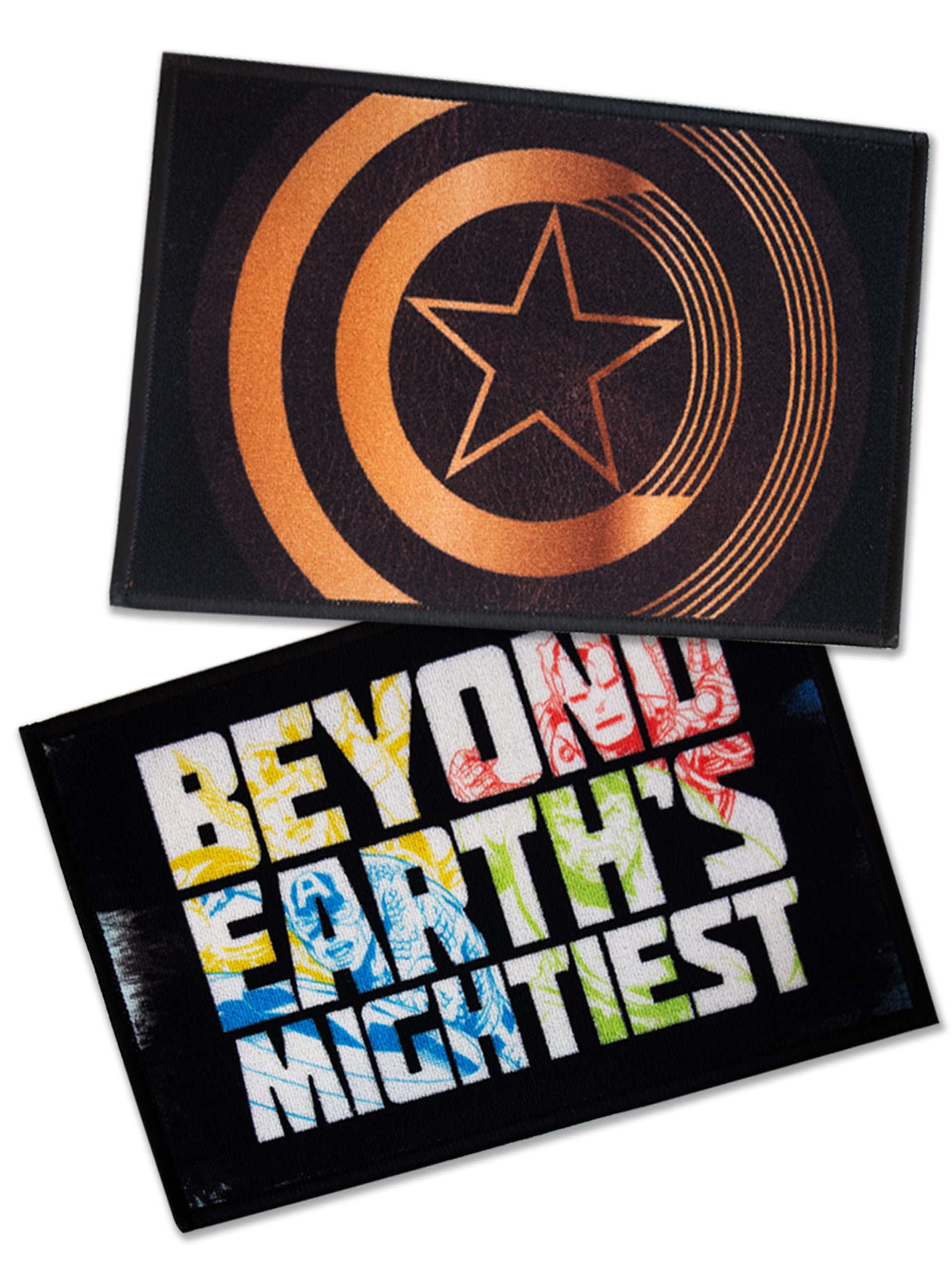 Premium Marvel Beyond Earth’s Mightiest kids doormat by Athom Living, gold & black multicolor nylon with latex backing, 37x57cm, pack of 2.