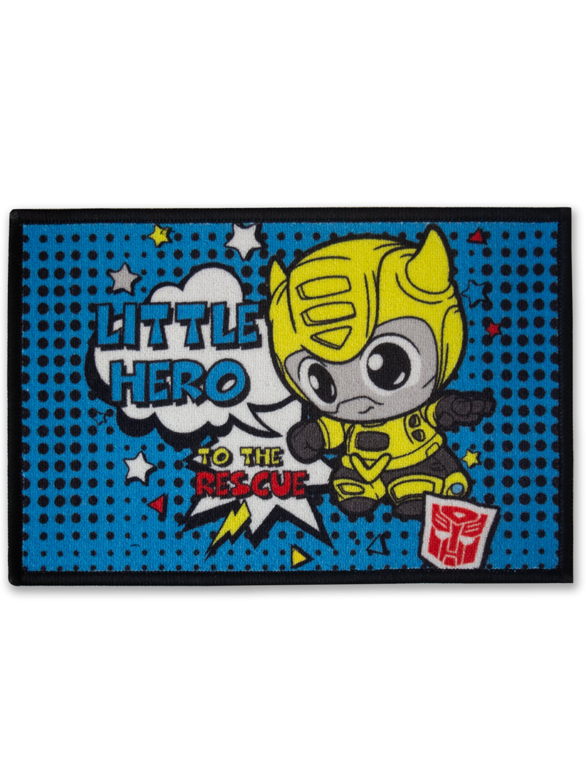 Premium printed Transformer Kids Door Mat – Little Hero to the Rescue by Athom Living, made of soft nylon with anti-skid latex base, 37x57 cm perfect for kids' room, play area, or bathroom.