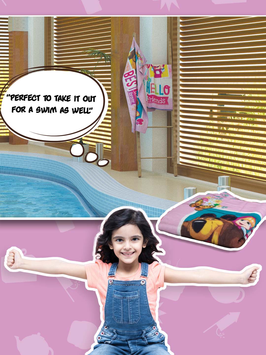 Soft absorbent kids cotton towel, Athom Living Masha & The Bear design, pink bath towel 60x120 cm, 350 GSM premium comfort.