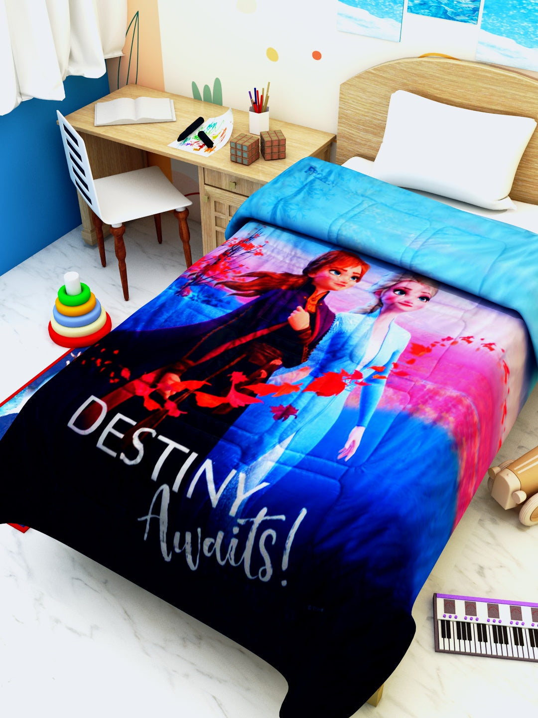 Soft and warm Disney Frozen kids comforter for girls’ bedrooms – single bed size with vibrant Destiny Awaits print.