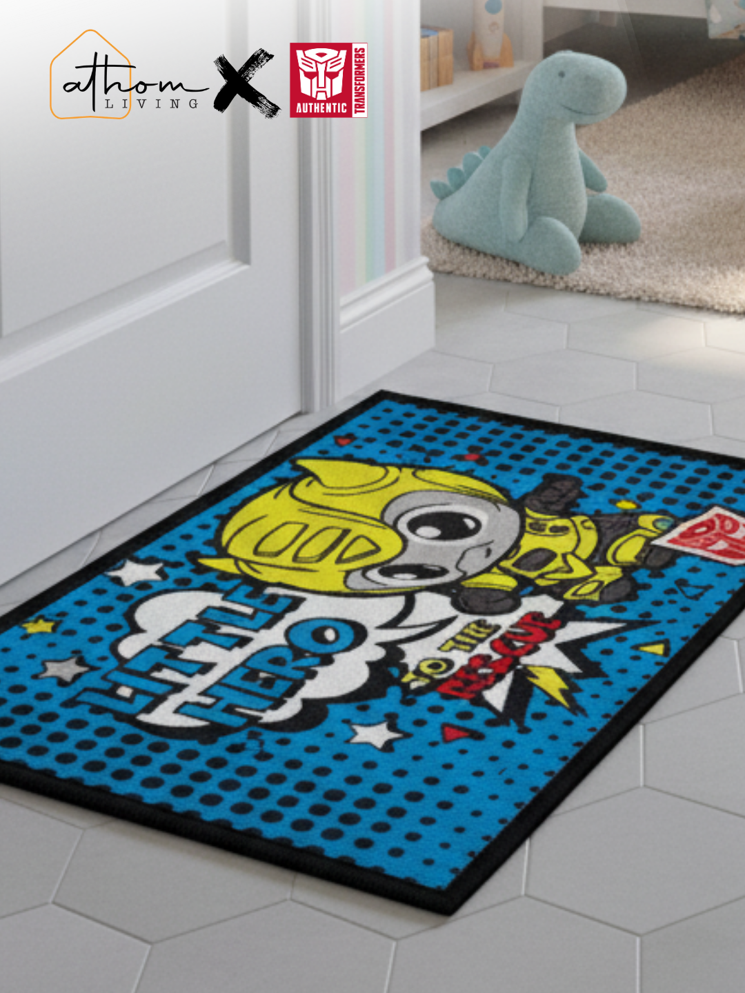Transformer Anti-Skid Kids Door Mat by Athom Living – Little Hero to the Rescue design, premium printed nylon bath mat, 37x57 cm size, soft, durable, and perfect for kids’ room or bathroom decor.