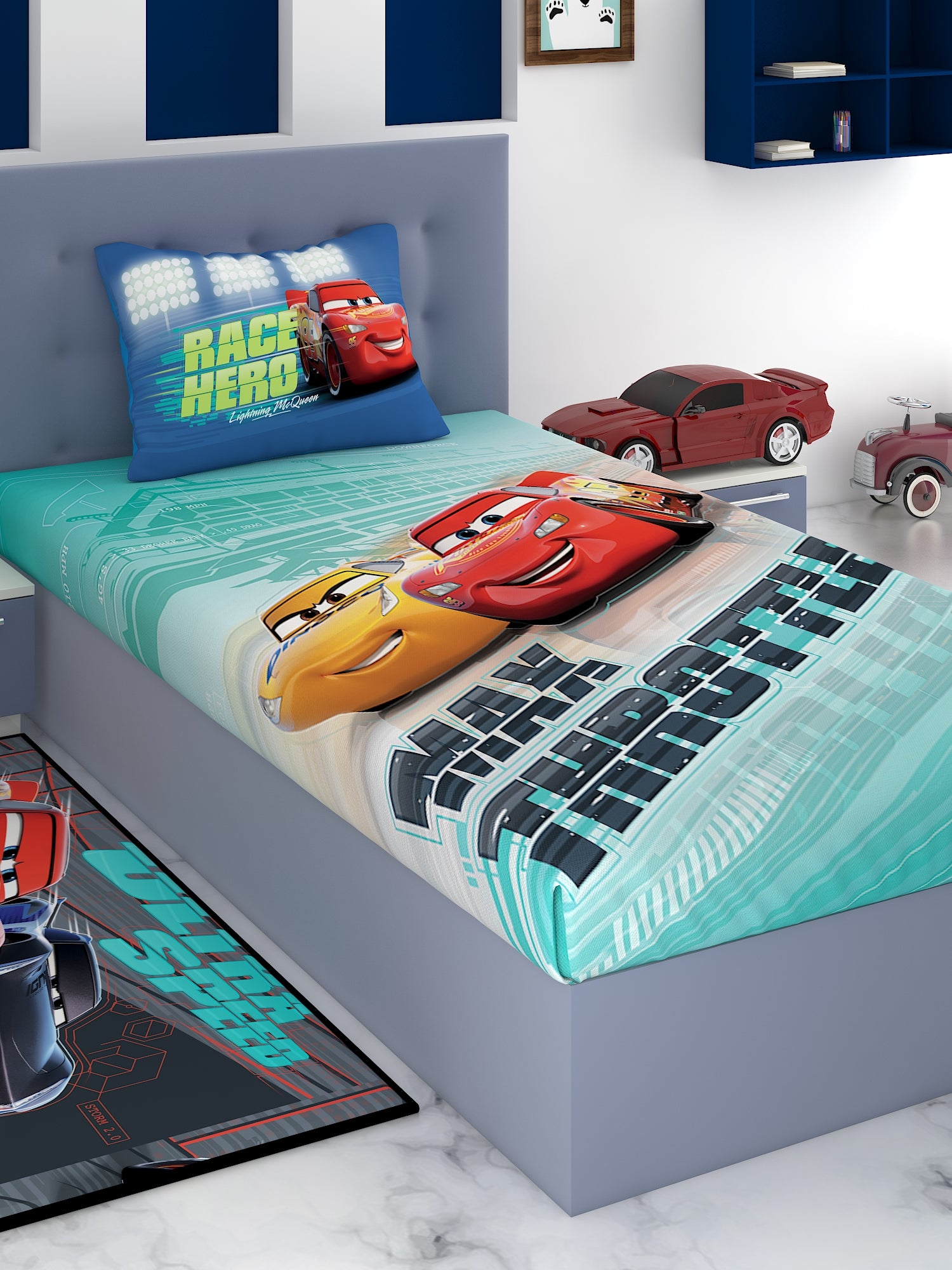 a toy train is sitting on a table in a room