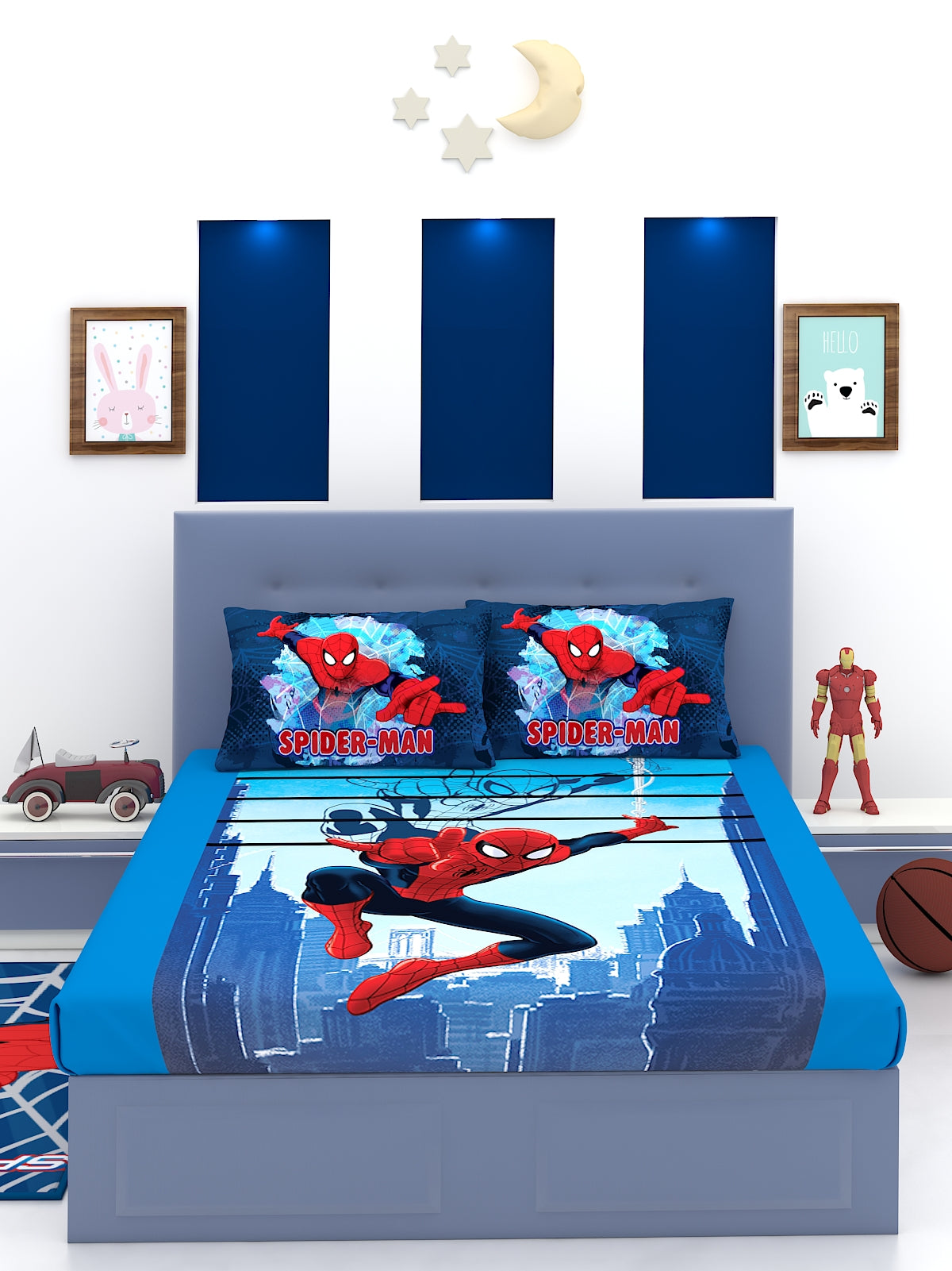 a bed with a blue comforter and pillows