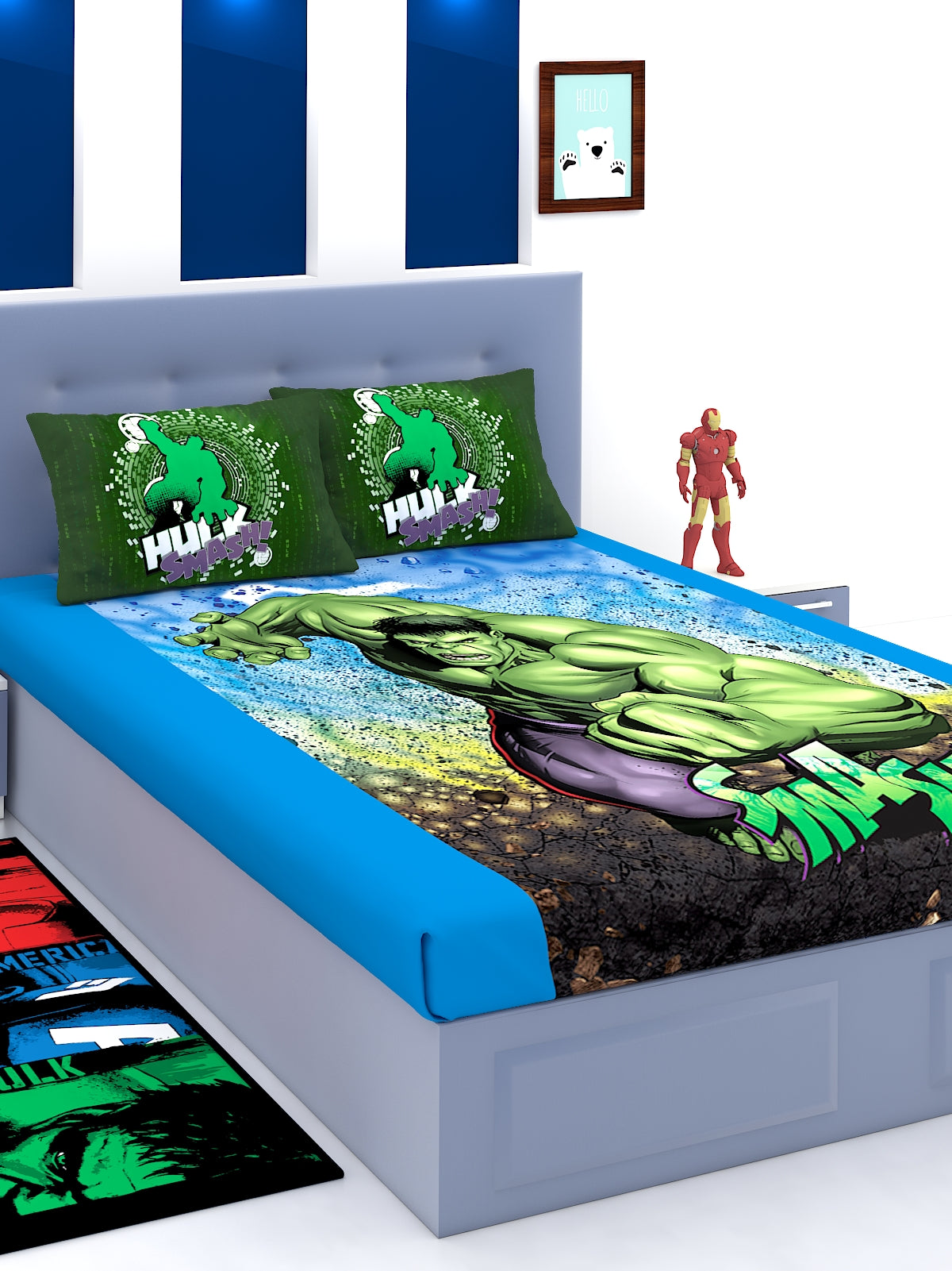 a room with a bed and a table in it