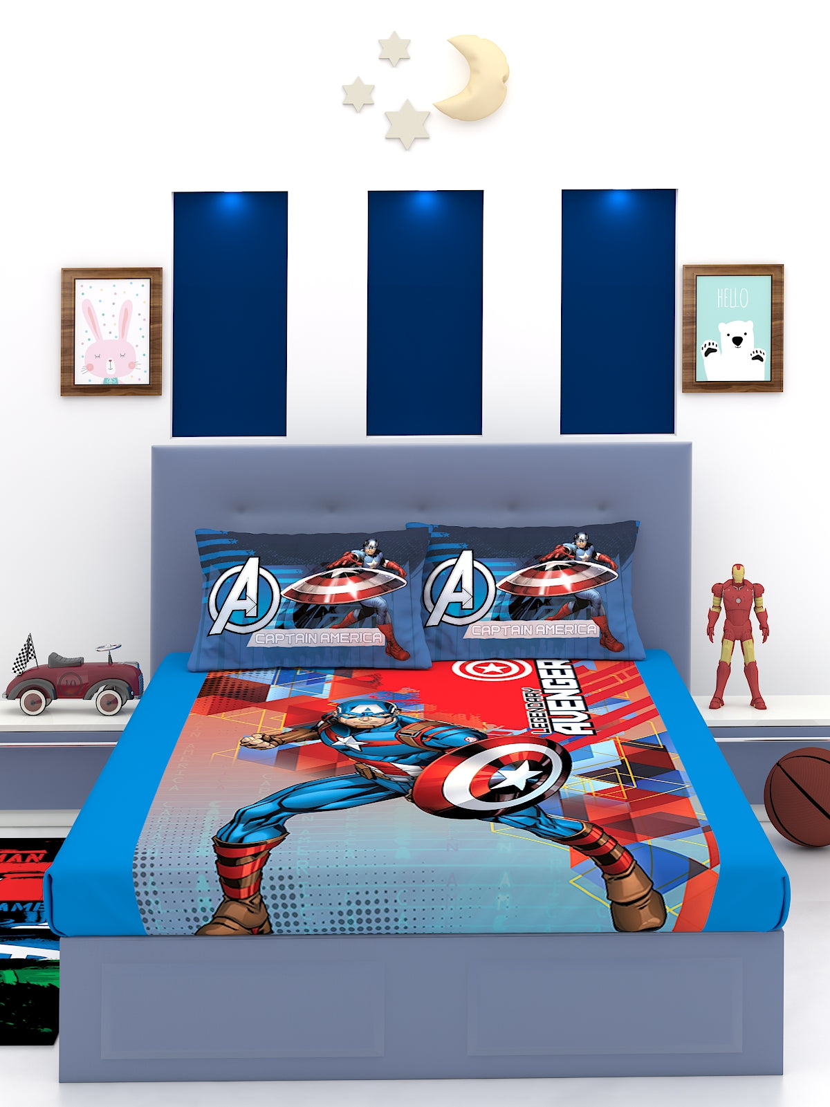 a bed that has a painting on it
