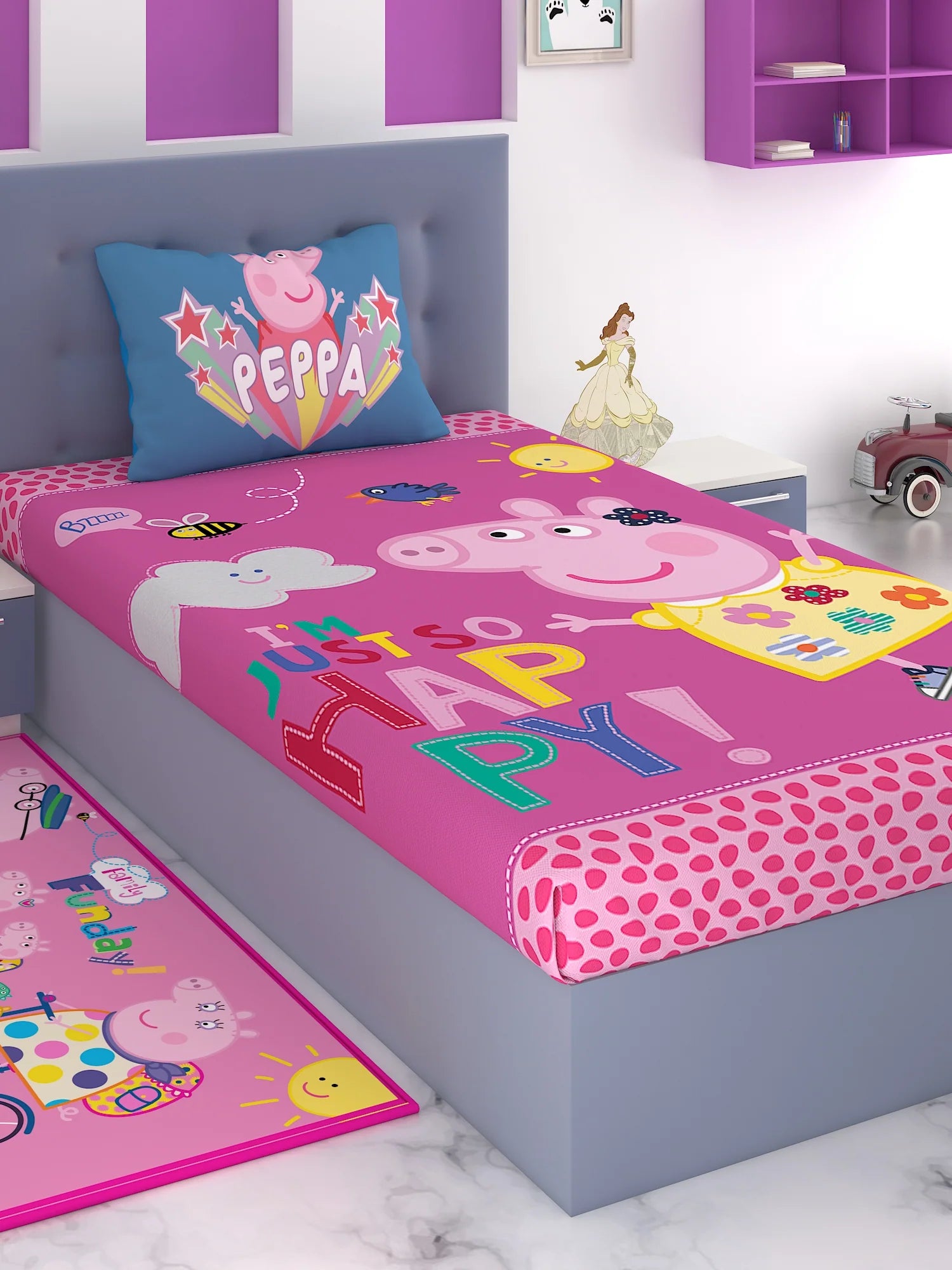 Vendor: Peppa Pig SKU: AL-PPP-03-229-S Availability: Out Of Stock Product Type: Peppa Pig Product Details  Type: Kids Bedsheet  Bed Sheet Size: Single, 147x223 cm  Pillow Cover: 43cm x 68cm  Net Content: Pack of 1xBed Sheet, 1xPillow Cover Material & Care
