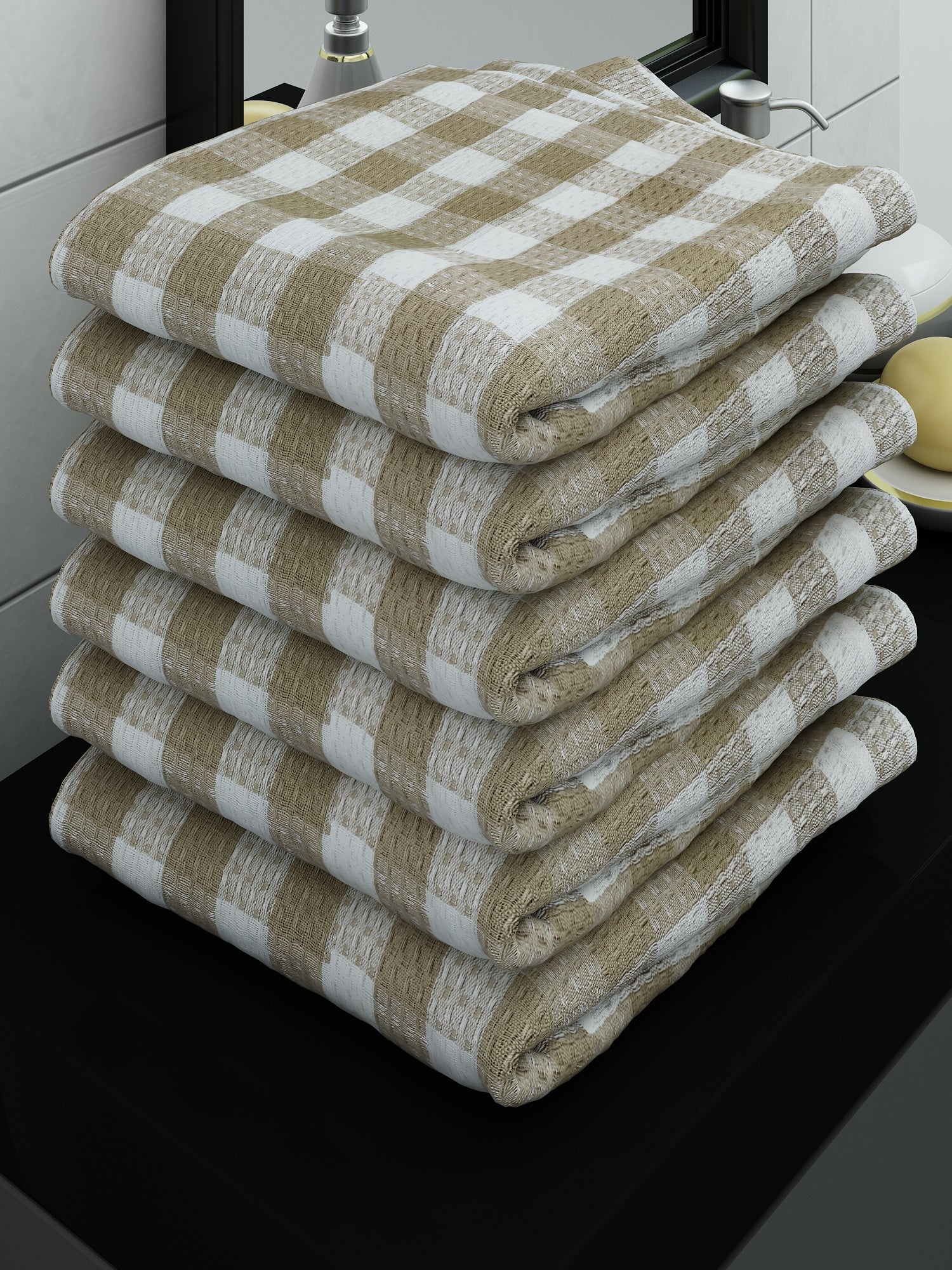 Athom Living Eco Saviour Premium Cotton Bath Towel/Gamcha Beige Checkers (Pack Of 6)