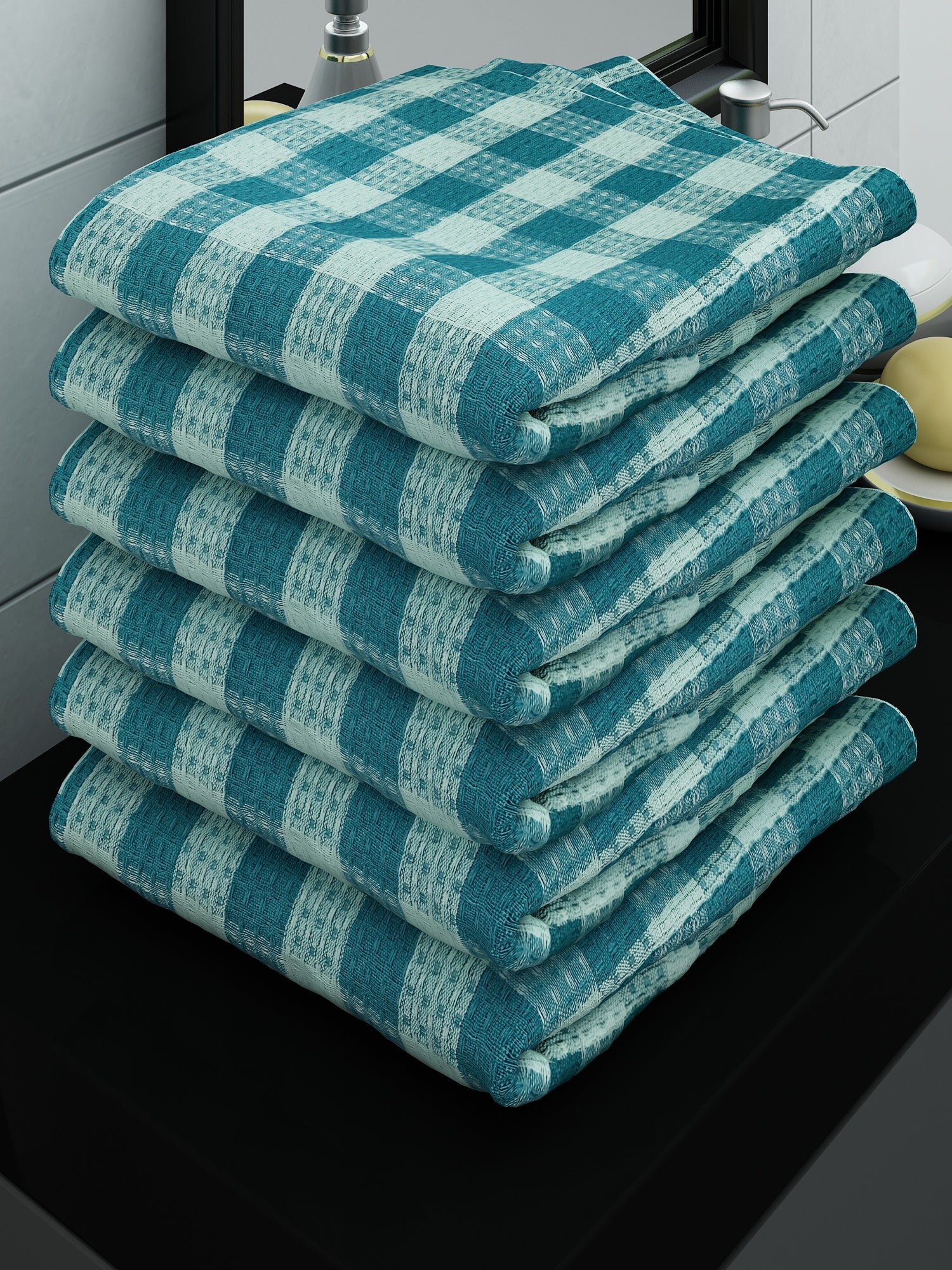 Athom Living Eco Saviour Premium Cotton Bath Towel/Gamcha Green Checkers (Pack Of 6)