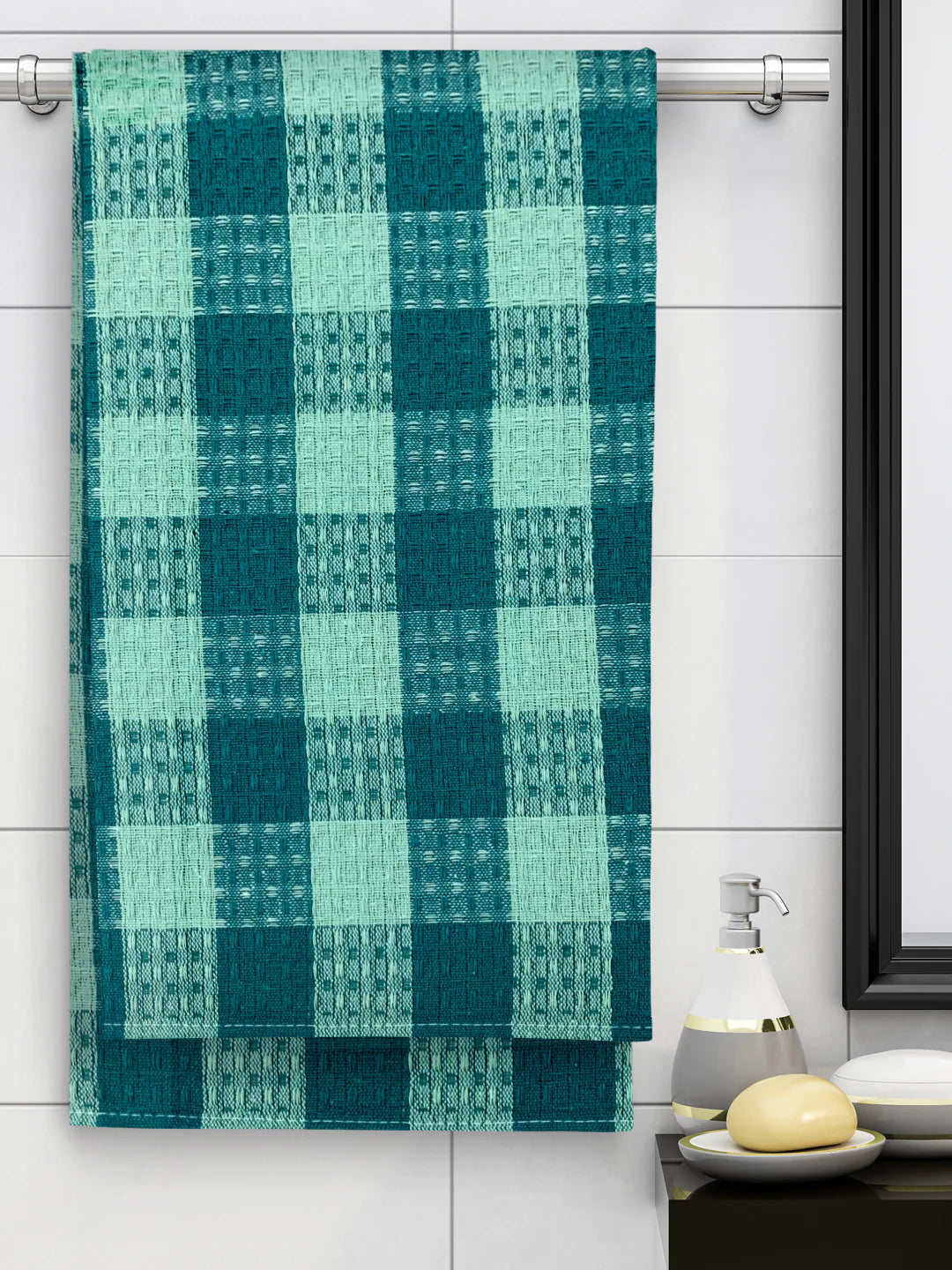 Athom Living Ecosaviour Premium Cotton Bath Towel Green Checkers- Large