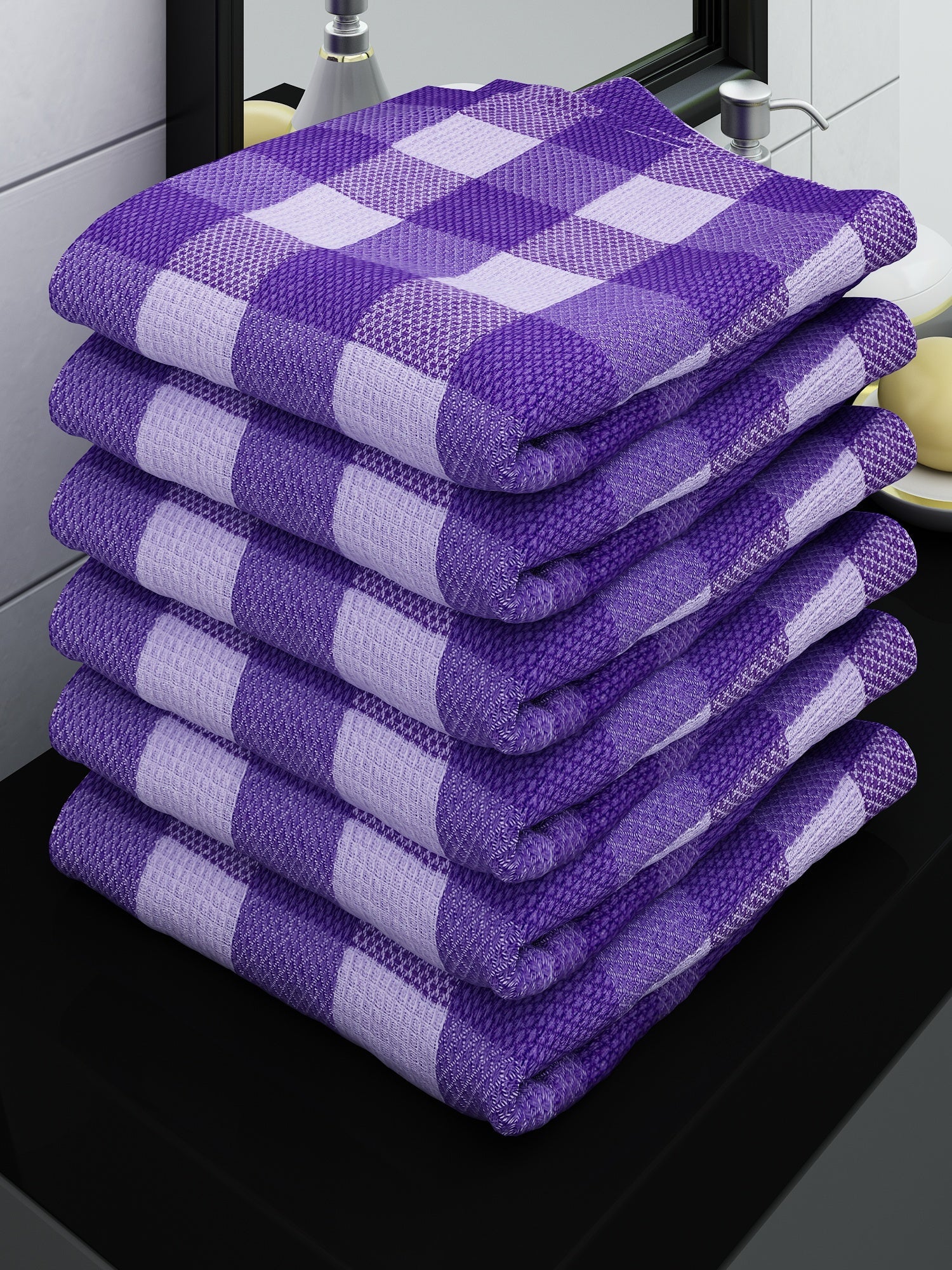 Athom Living Eco Saviour Premium Cotton Bath Towel/Gamcha Purple Big Checks (Pack Of 6)