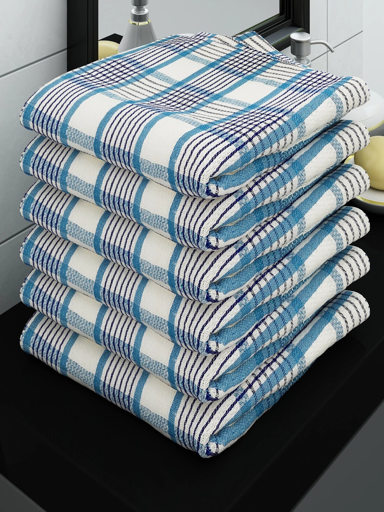 Athom Living Eco Saviour Premium Cotton Bath Towel/Gamcha Grandiose White & Blue (Pack Of 6)