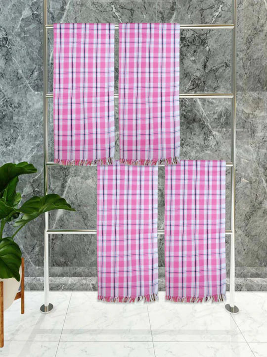 Athom Living Premium Gamcha Bath Towel 75 x 150 cm Pack of 4 White with Pink checkered