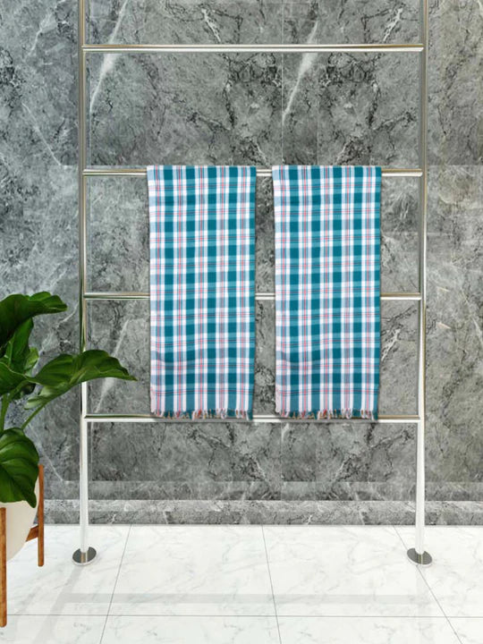 Athom Living Premium Gamcha Bath Towel 75 x 150 cm Pack of 2 White with Bottle Green checkered