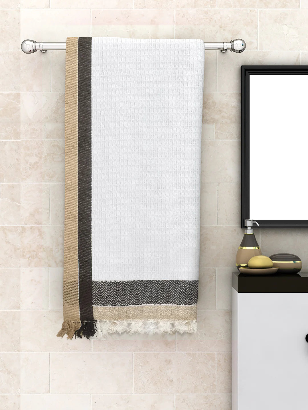 Athom Living Waffle Border Light Weight Woven White Cotton Bath Towel- Large