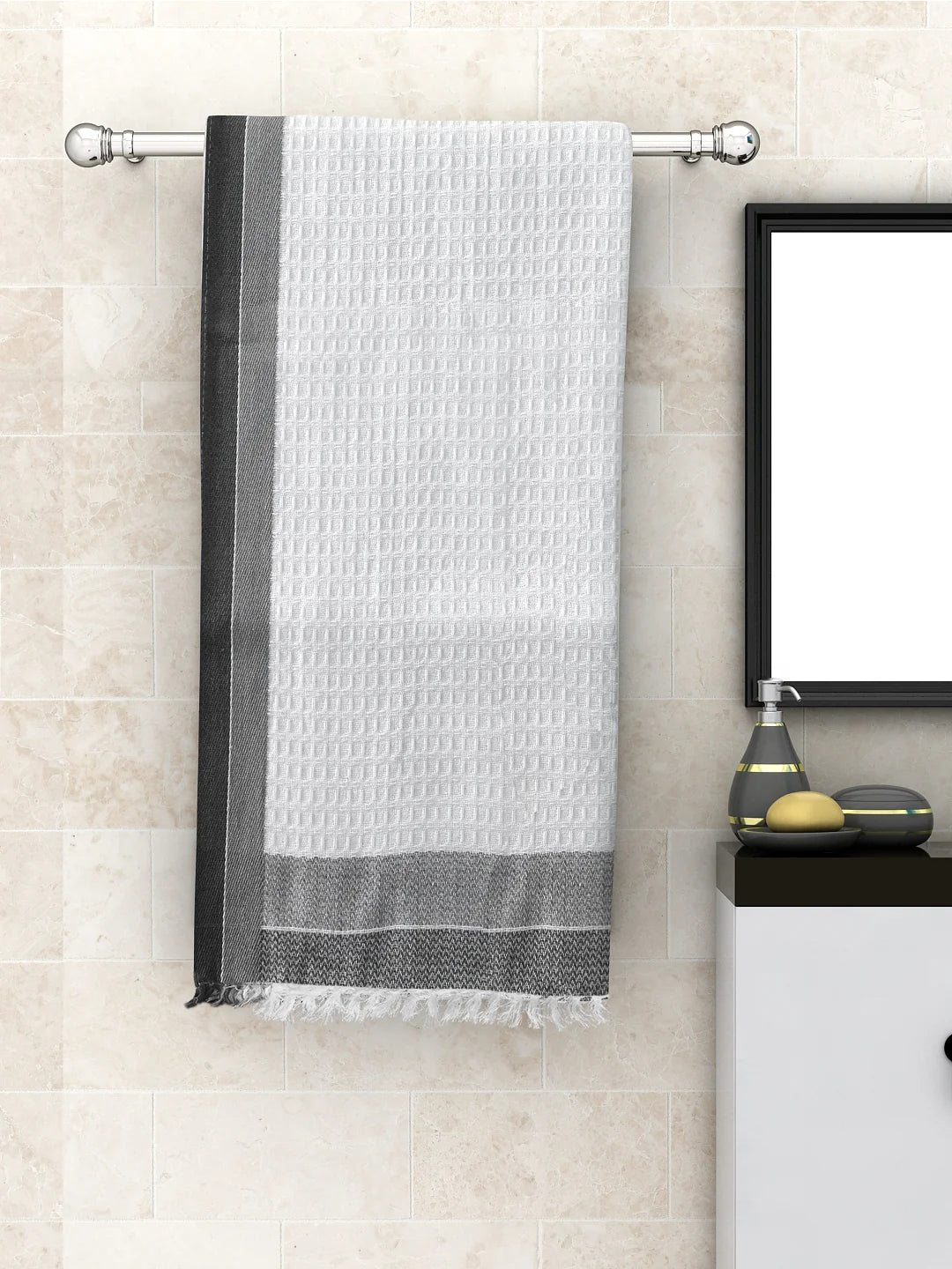 Athom Living Waffle Border White Light Weight Woven Cotton Bath Towel-Large