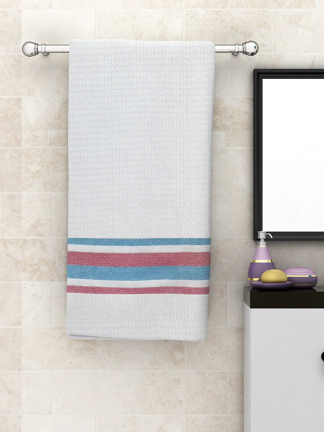 Athom Living Diamond Border White Light Weight Woven Cotton Bath Towel- Large