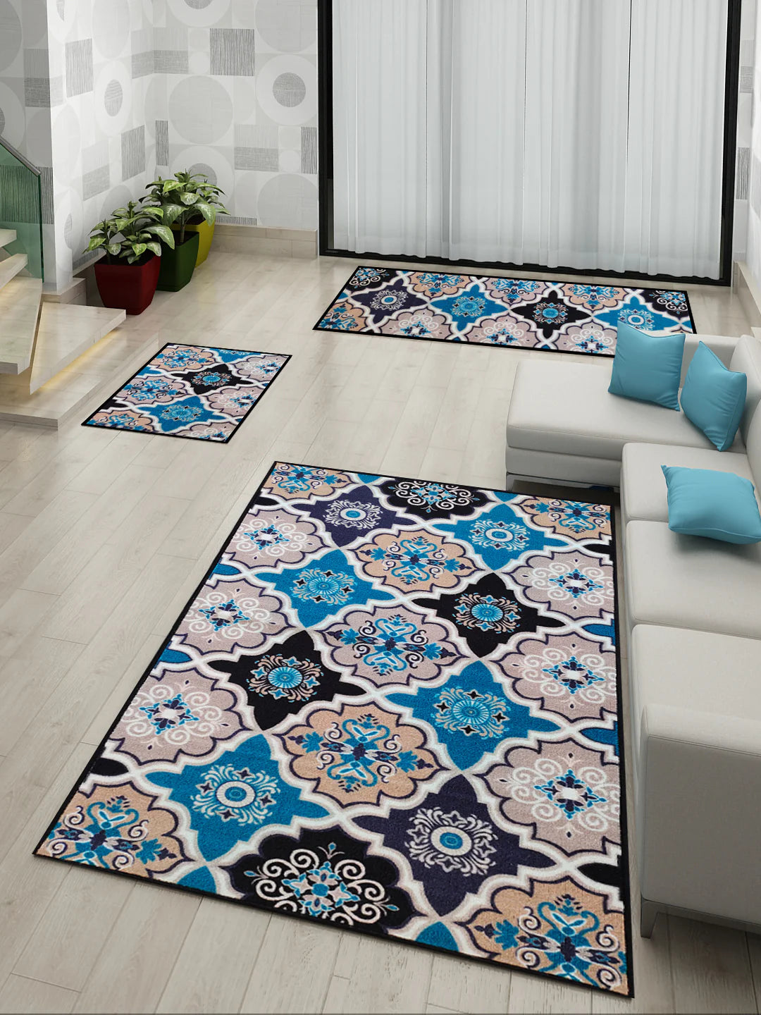 Athom Living Contemporaray Blue Premium Anti Slip Printed Doormat, Runner & Carpet Set