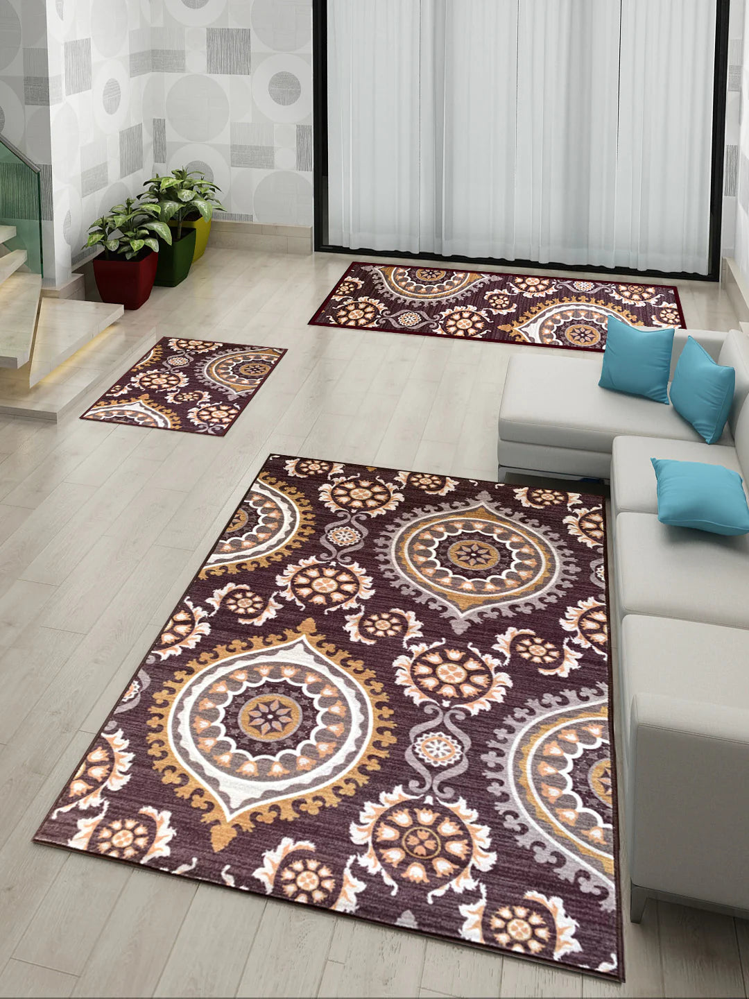 Athom Living Persian Brown Premium Anti Slip Printed Doormat, Runner & Carpet Set