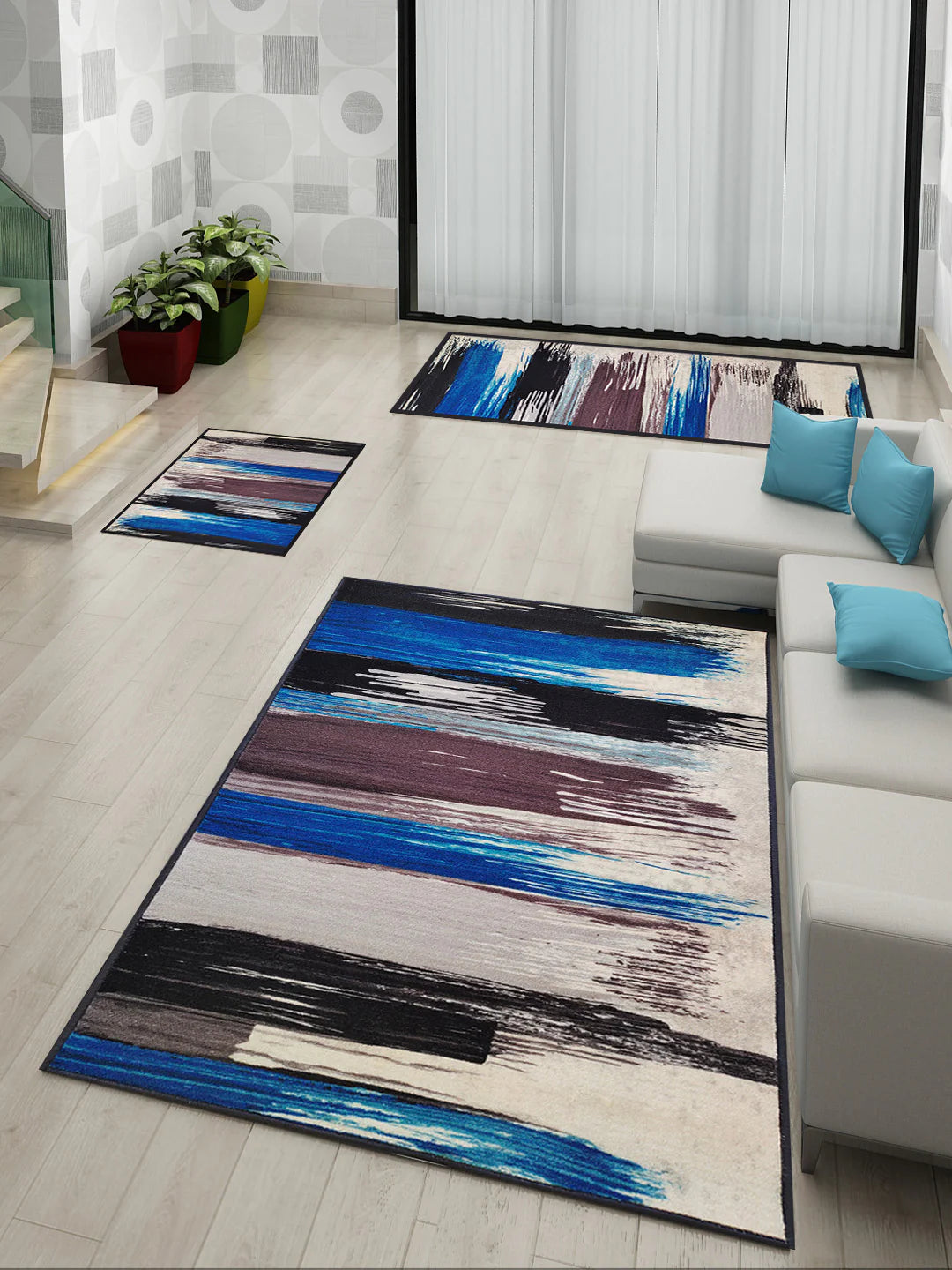 Athom Living Canvas Blue Premium Anti Slip Printed Doormat, Runner & Carpet Set