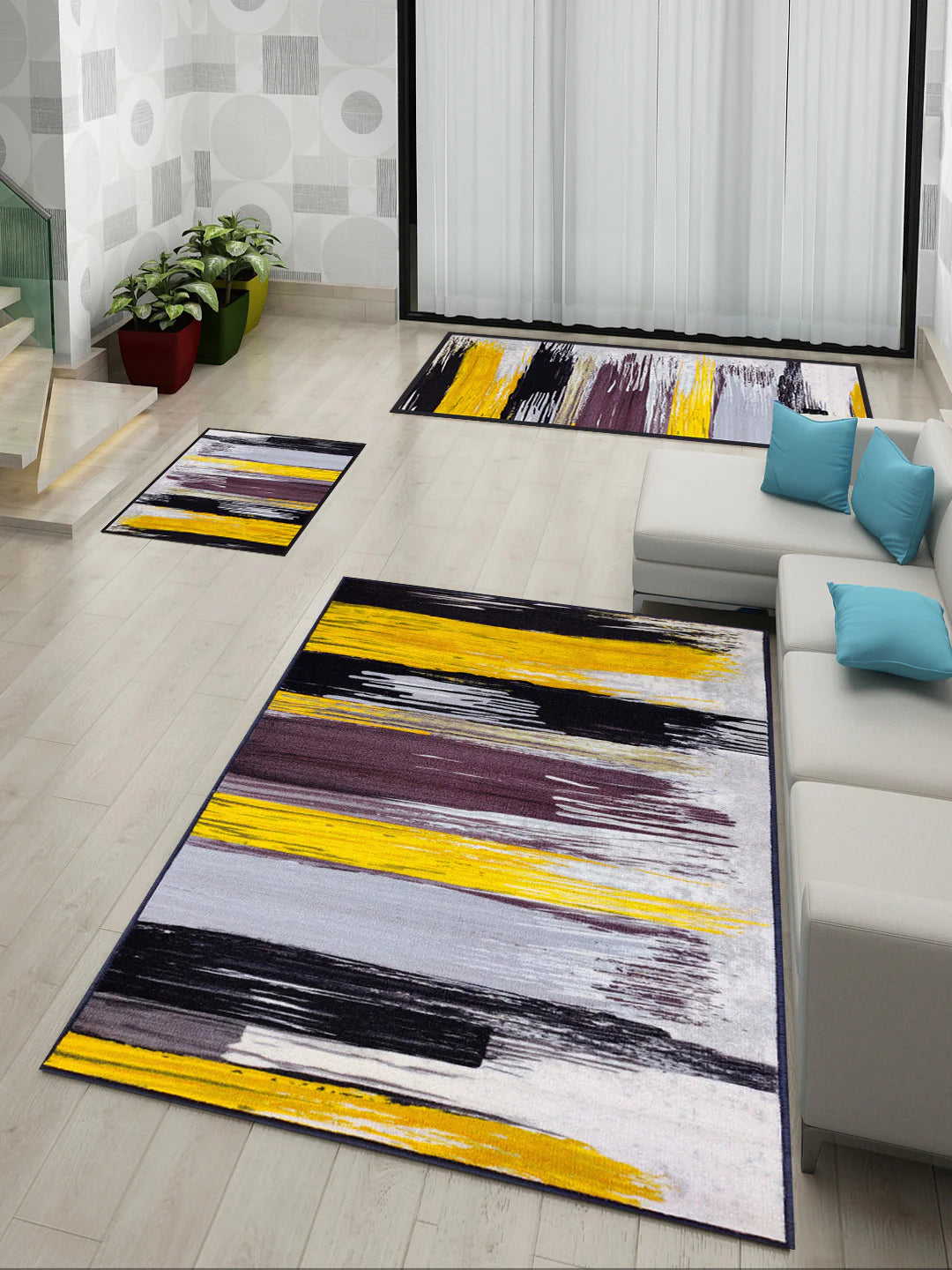 Athom Living Canvas Yellow Premium Anti Slip Printed Doormat, Runner & Carpet Set