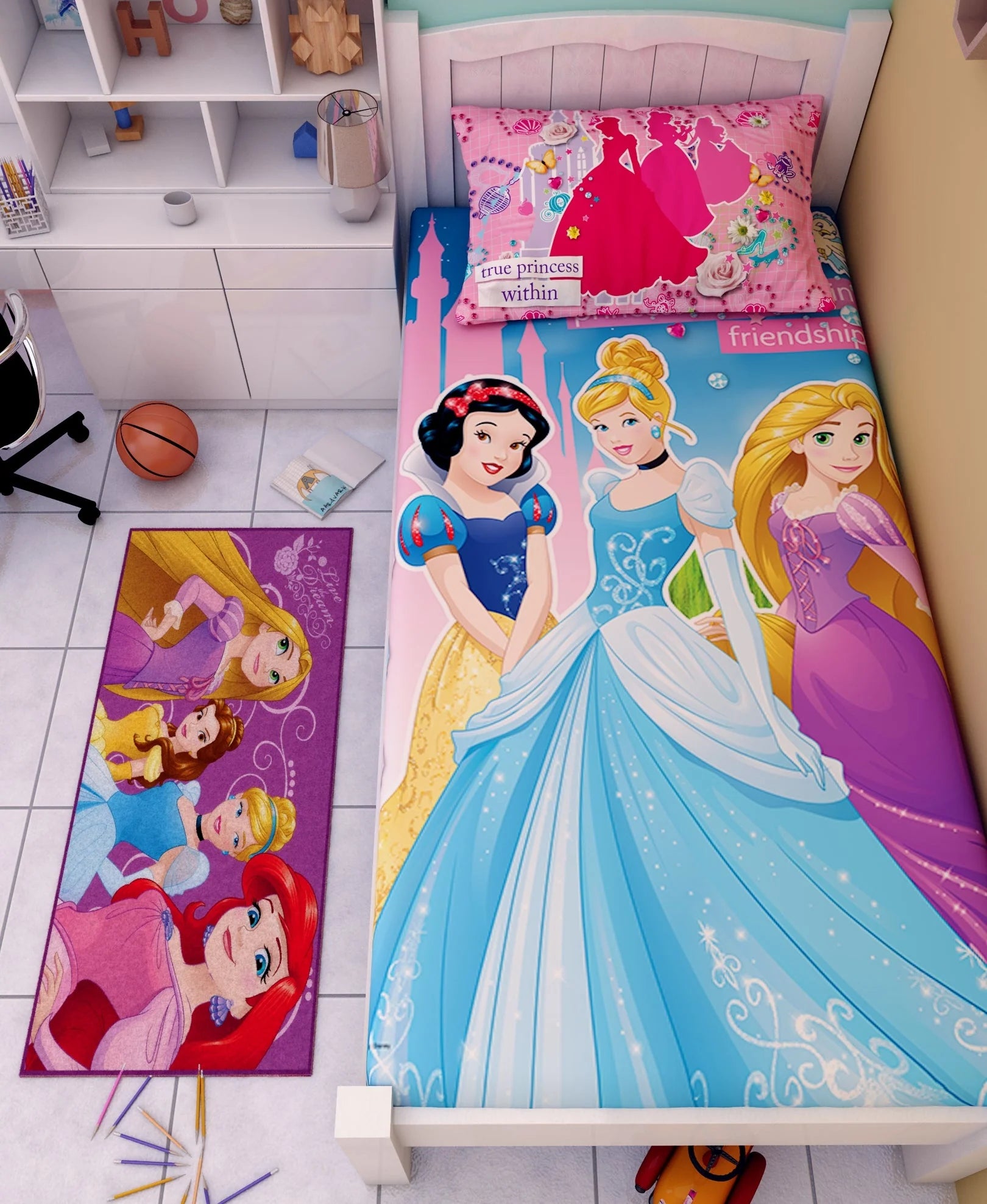 Disney Princess Belive In Friendship Cotton Double Bedsheet Set With Runner Carpet