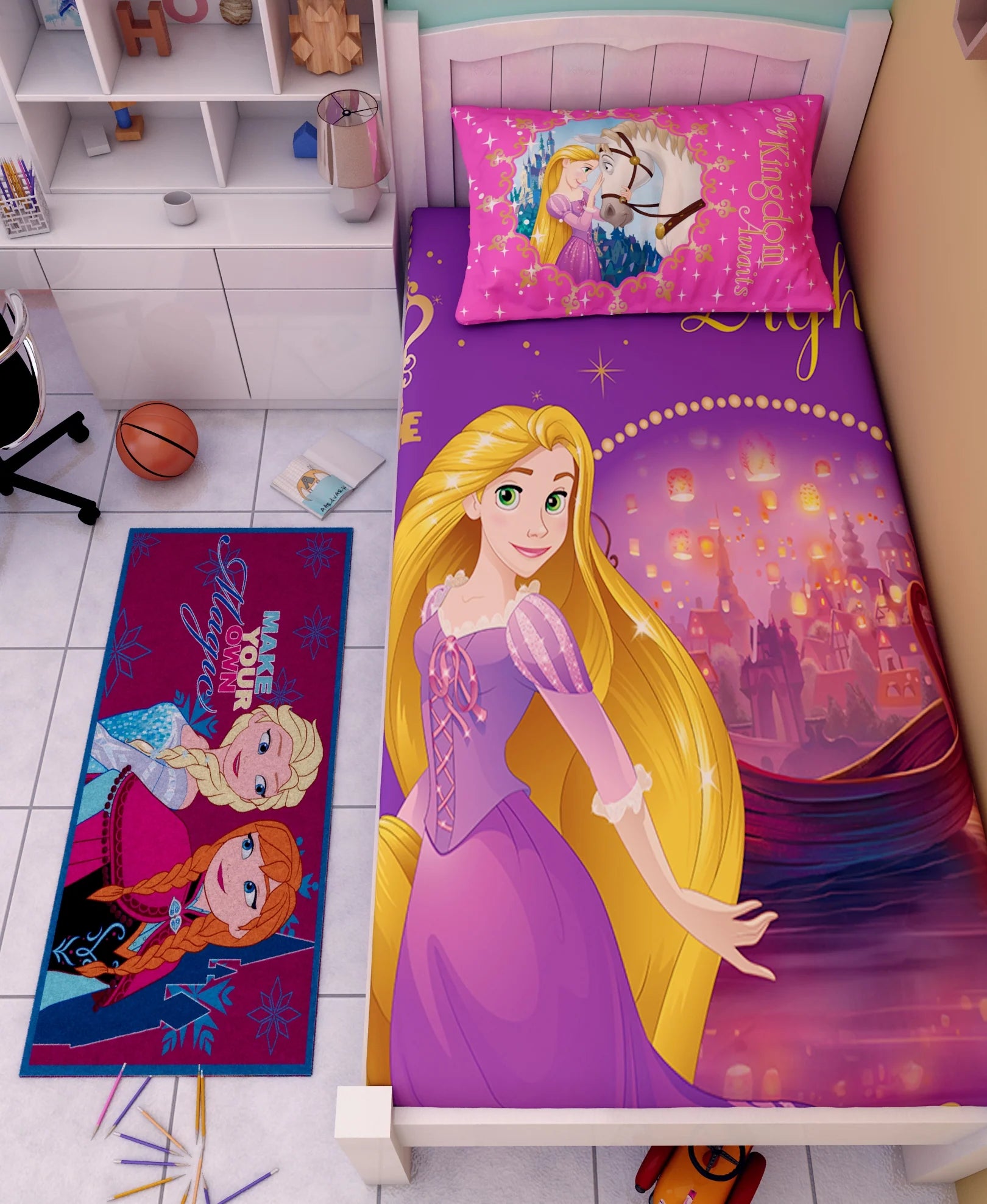 Disney Let Your Heart Follow The Light Princess Cotton Single Bedsheet Set With Runner Carpet