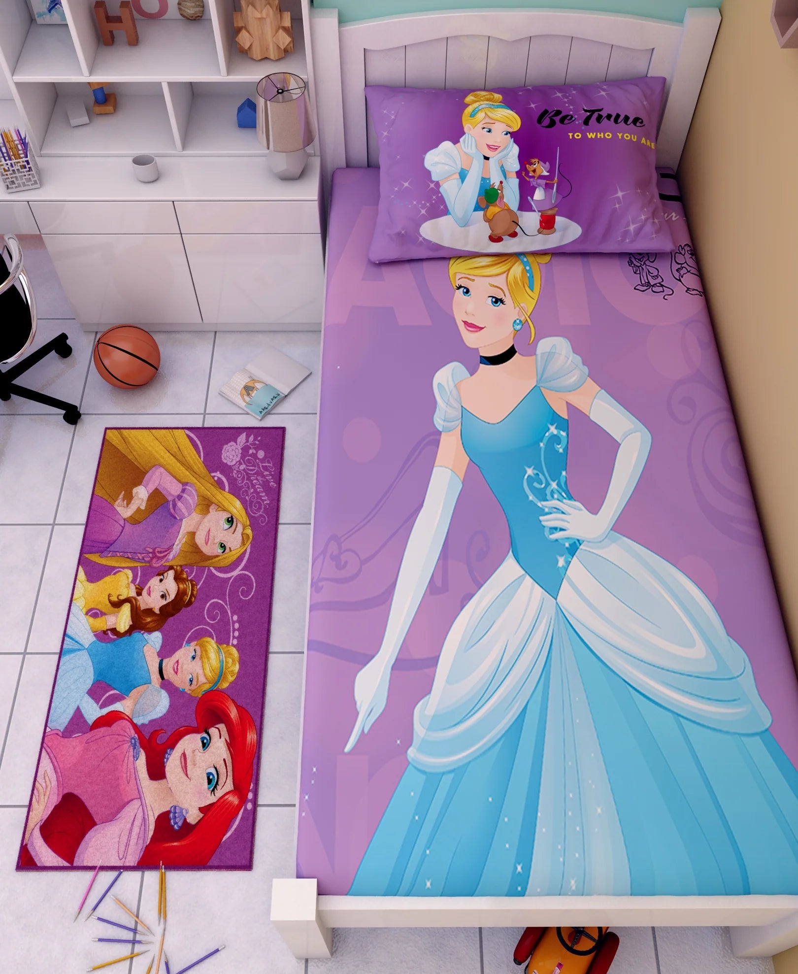 Disney Change Your Shoes Change Your Life Princess Cotton Single Bedsheet Set With Runner Carpet