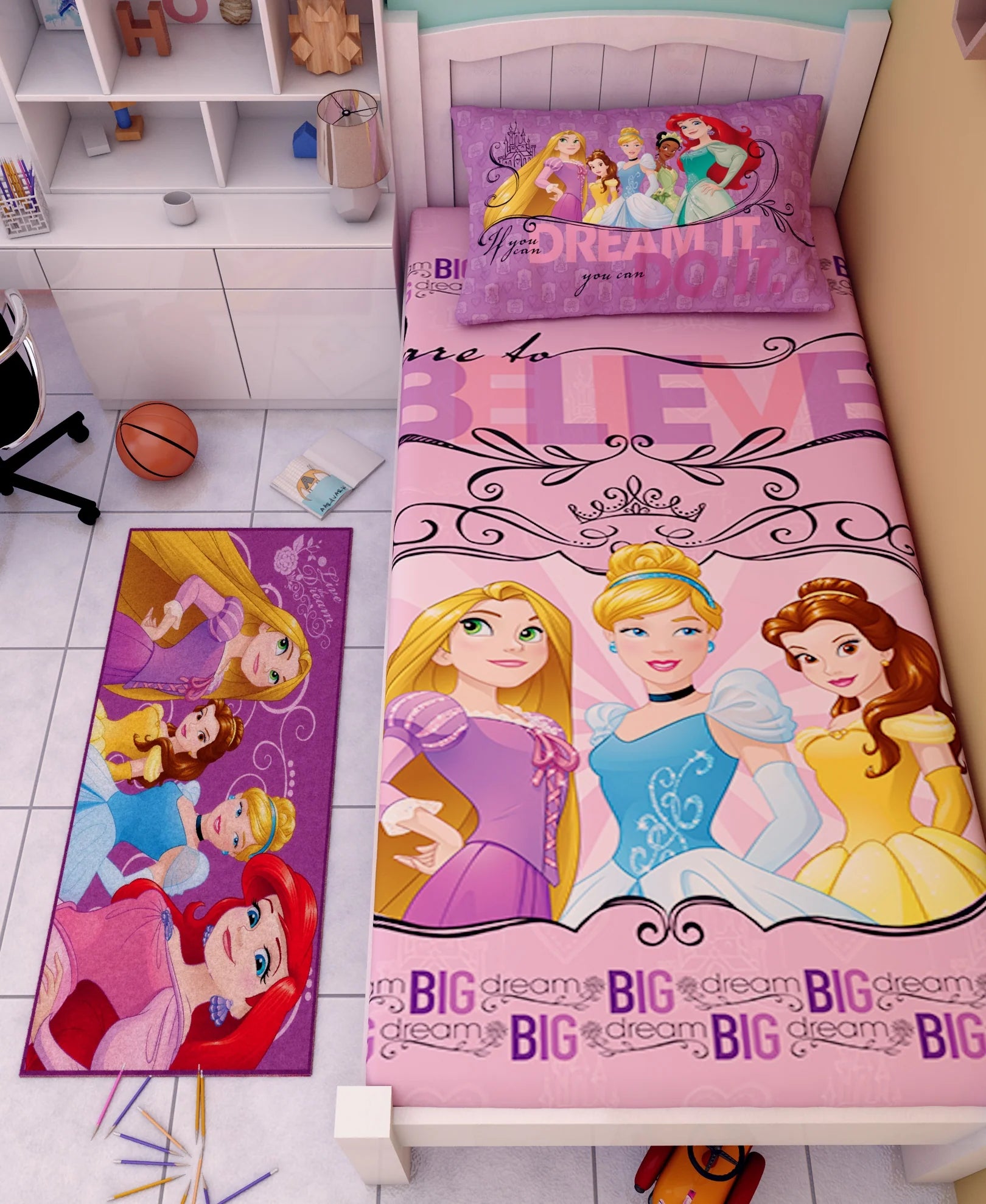 Disney If You Can Dream It You Can Do It Princess Cotton Single Bedsheet Set With Runner Carpet