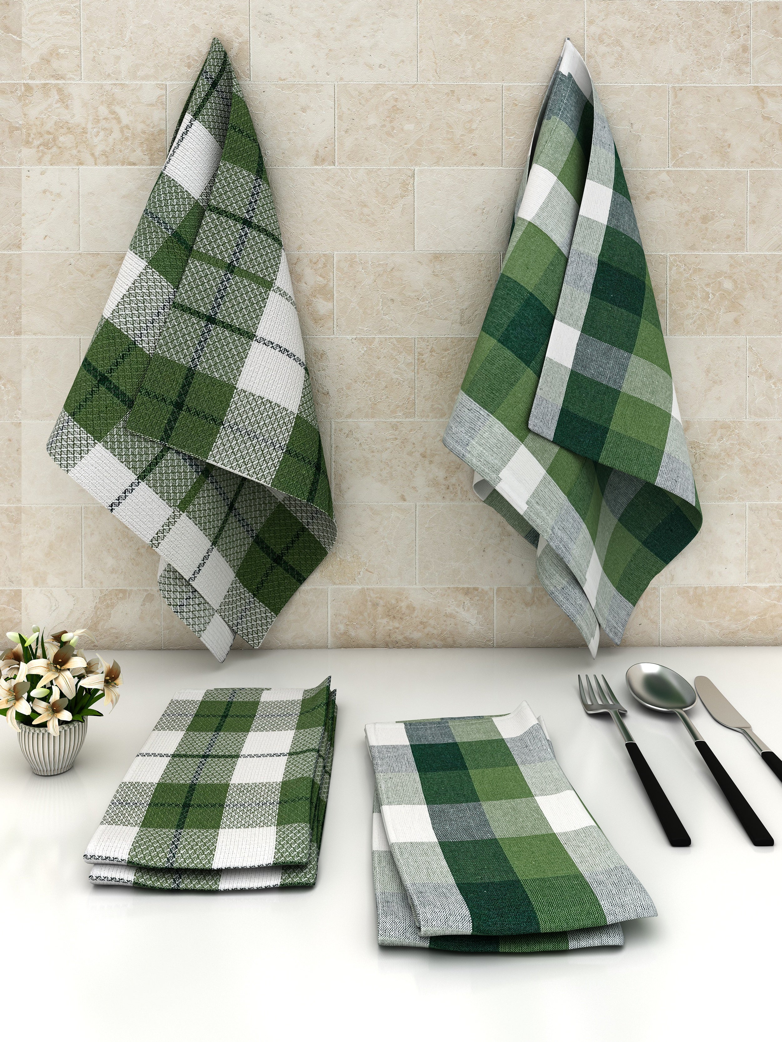 Athom Living Green Big Checks Cotton Multipurpose Kitchen Towel/Cleaning Cloth 30x55 Cm