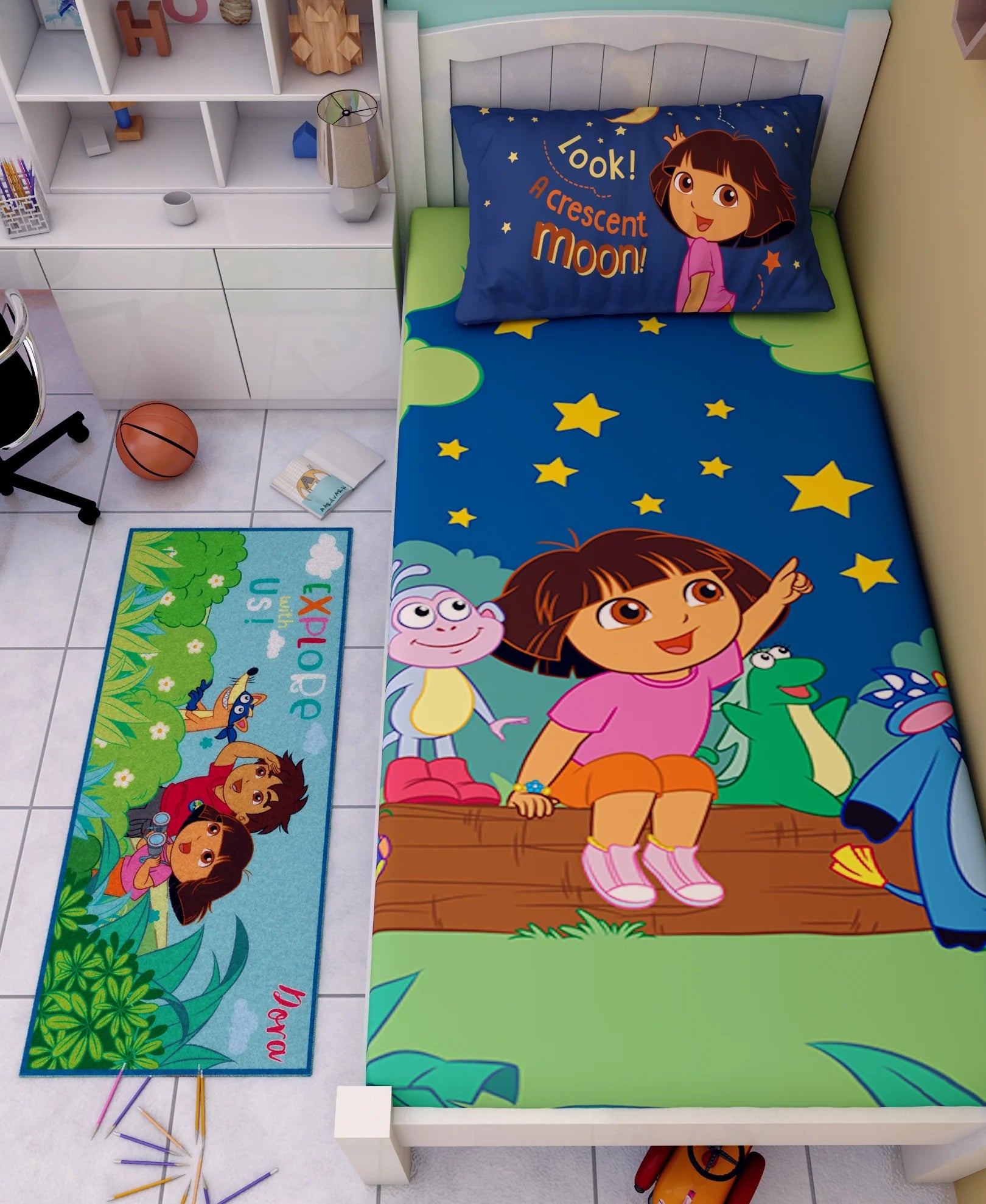 Athom Living Dora The Explorer Cotton Single Kids Bedsheet With Runner Carpet