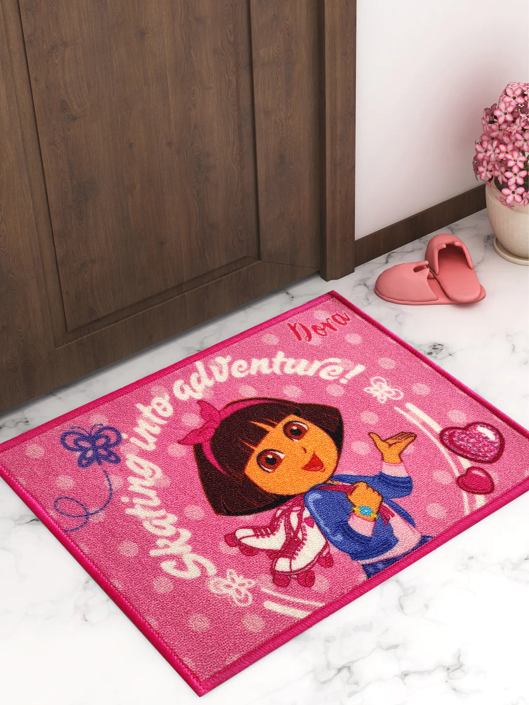 Embark on Adventures with Dora: Skating into Adventure Pink Kids Doormat