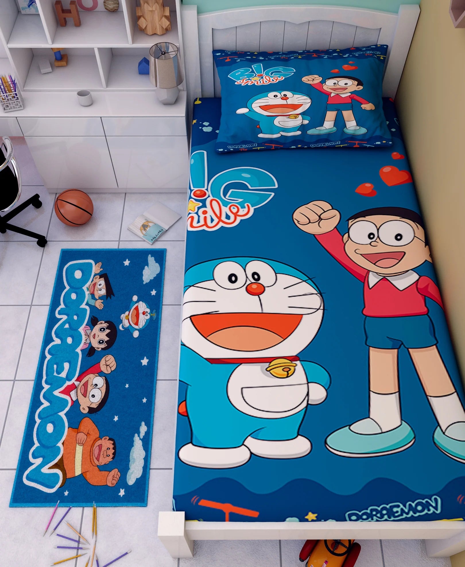 Athom Living Doraemon Big Smile Cotton Single Kids Bedsheet With Runner Carpet