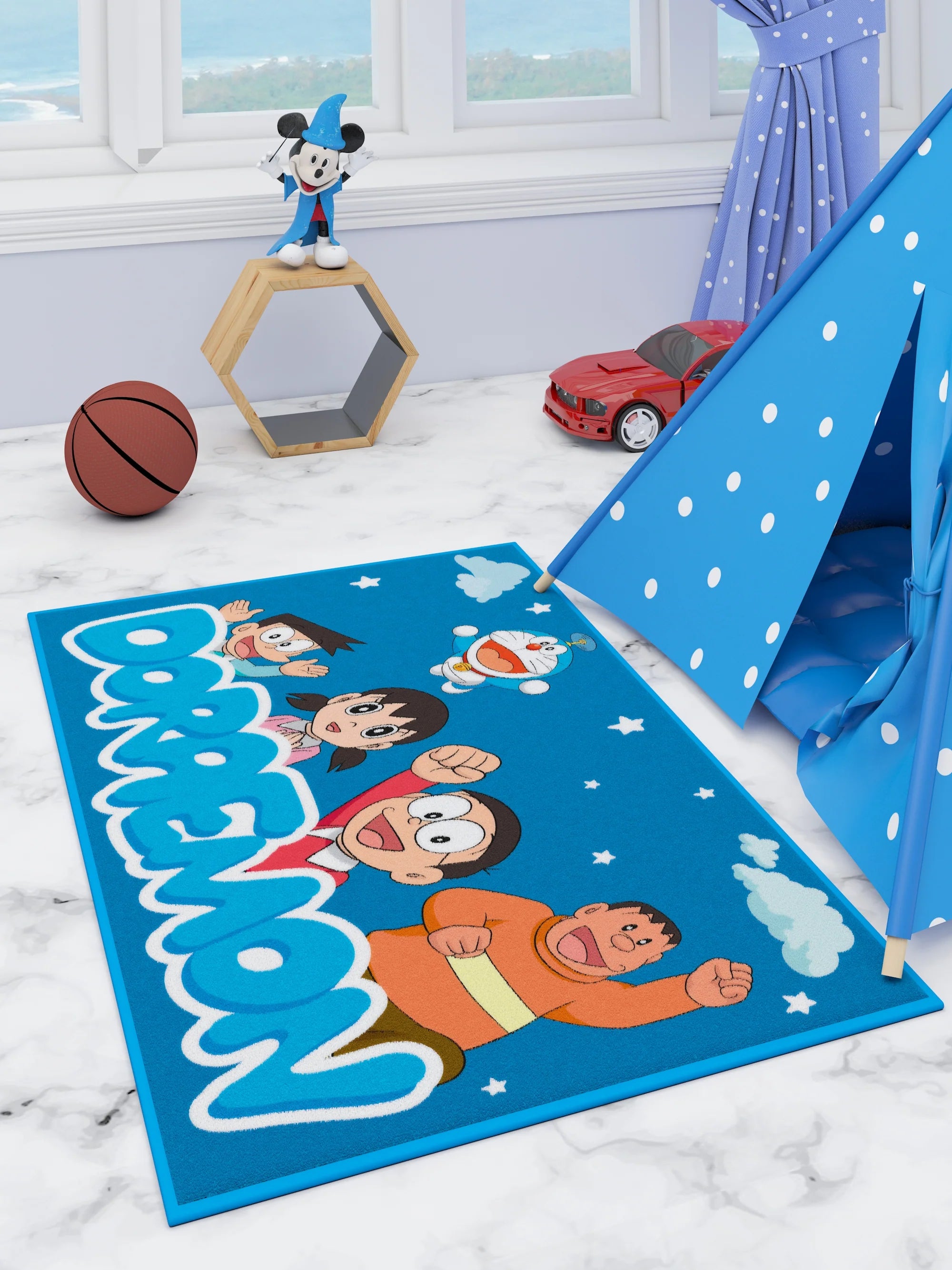Dive into Adventures with Doraemon Group Blue Kids Printed Carpet