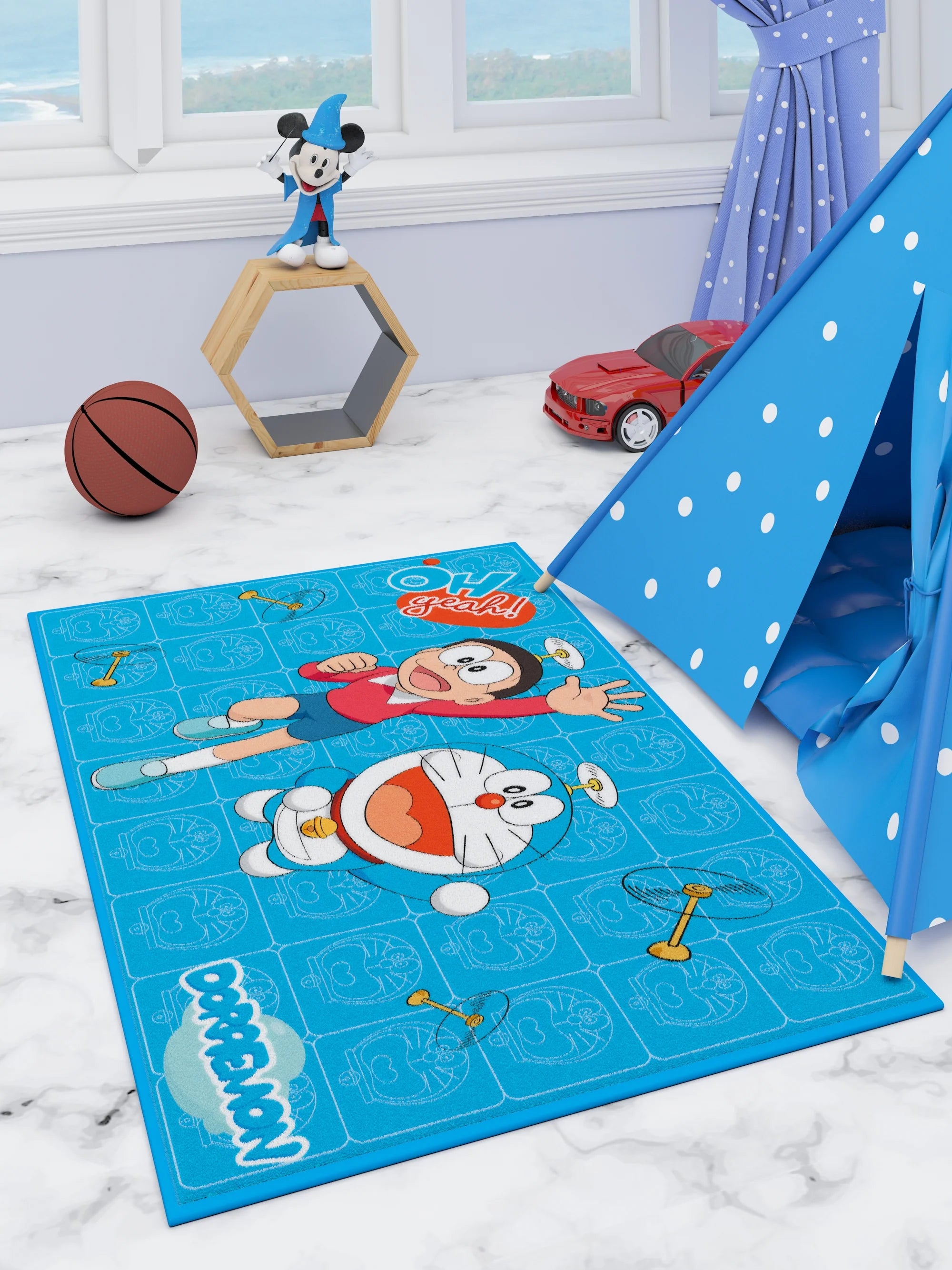 Immerse in Whimsical Adventures with Doraemon Blue Kids Printed Carpet