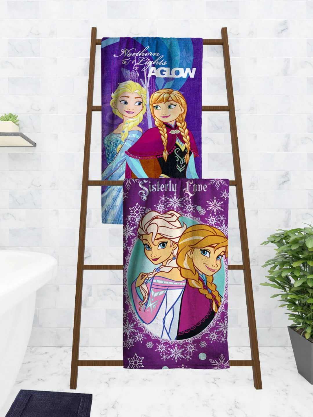 Athom Living Disney Frozen Sisterly Love & Northern Lights AGlow Kids Cotton Bath Towel 60x120 Cms (Pack Of 2)