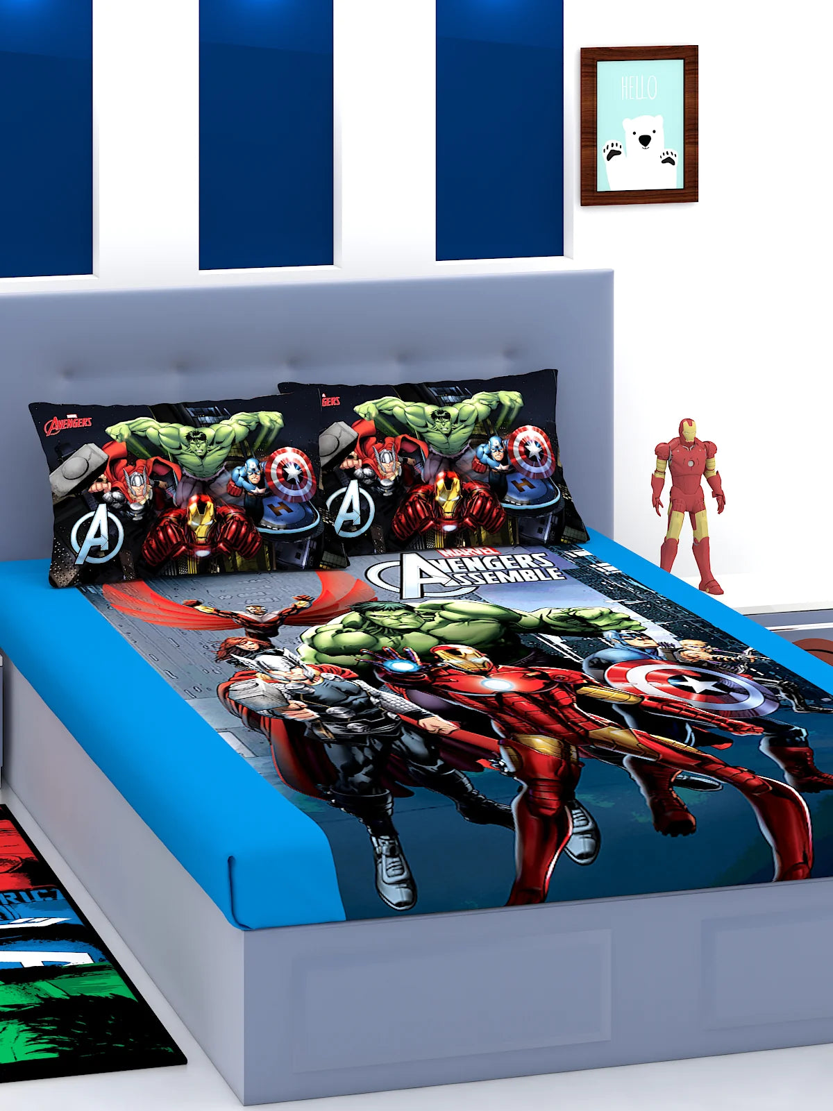 Marvel Avengers Assemble Blue Cotton Double Bedsheet Set- King Size