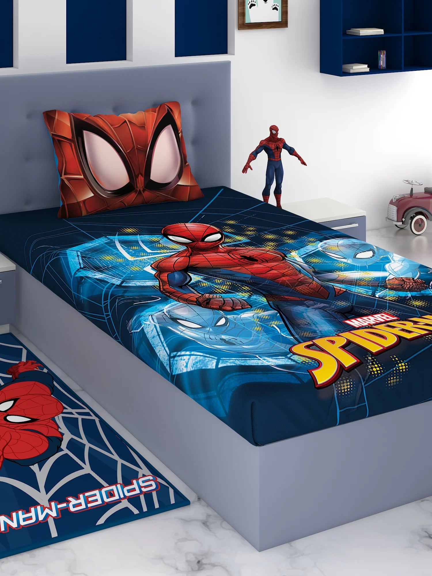 Marvel Spiderman Blue & Red Cotton Single Bedsheet Set