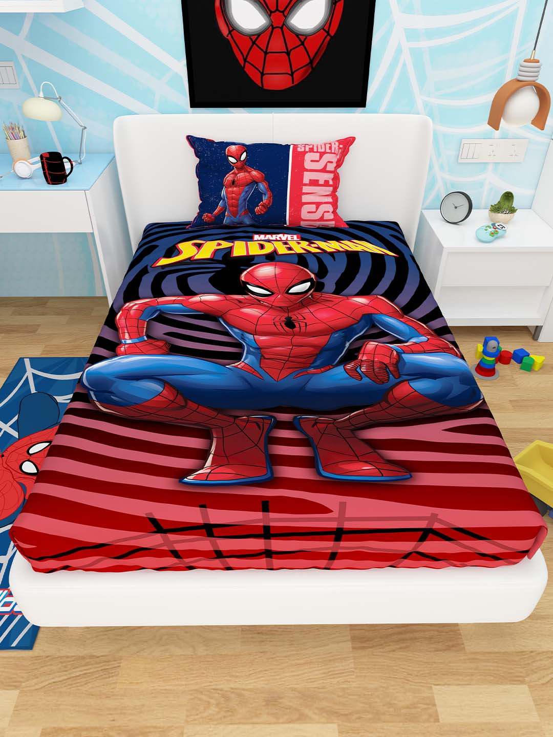 Marvel Spiderman Athom Living Kids Cotton Multicoloured Single bedsheet (147 x 223cm)