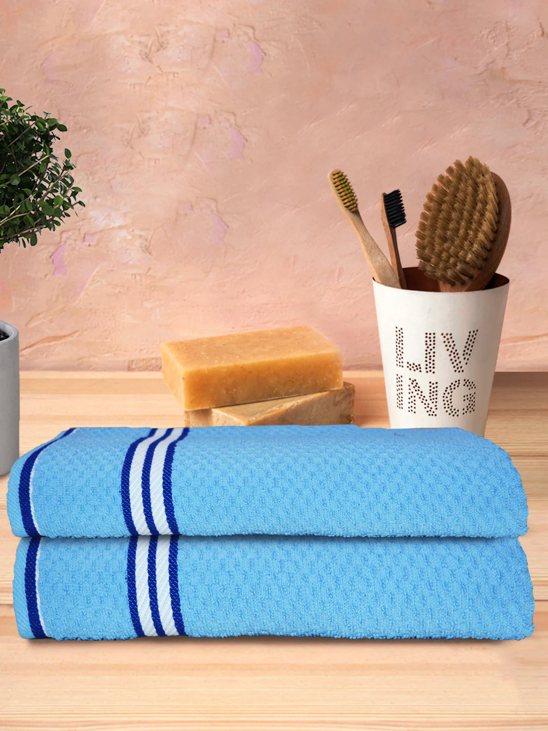 Athom Living Popcorn Textured Solid Bath Towel Blue 67x137 Cm Pack Of 2