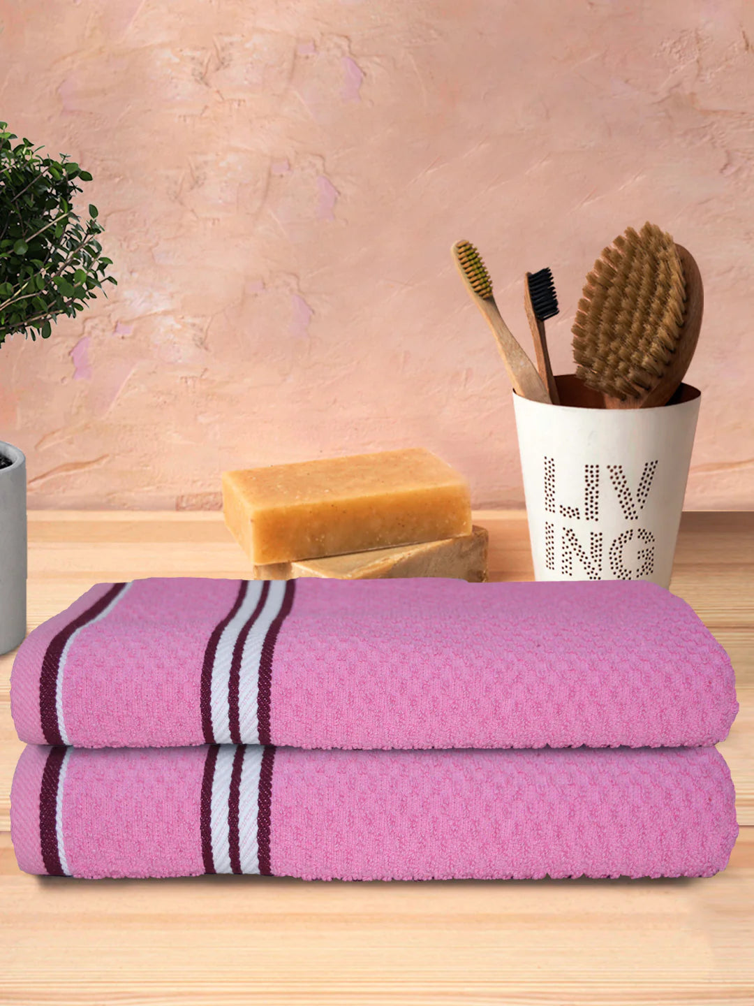 Athom Living Popcorn Textured Solid Bath Towel Pink 67x137 Cm Pack Of 2