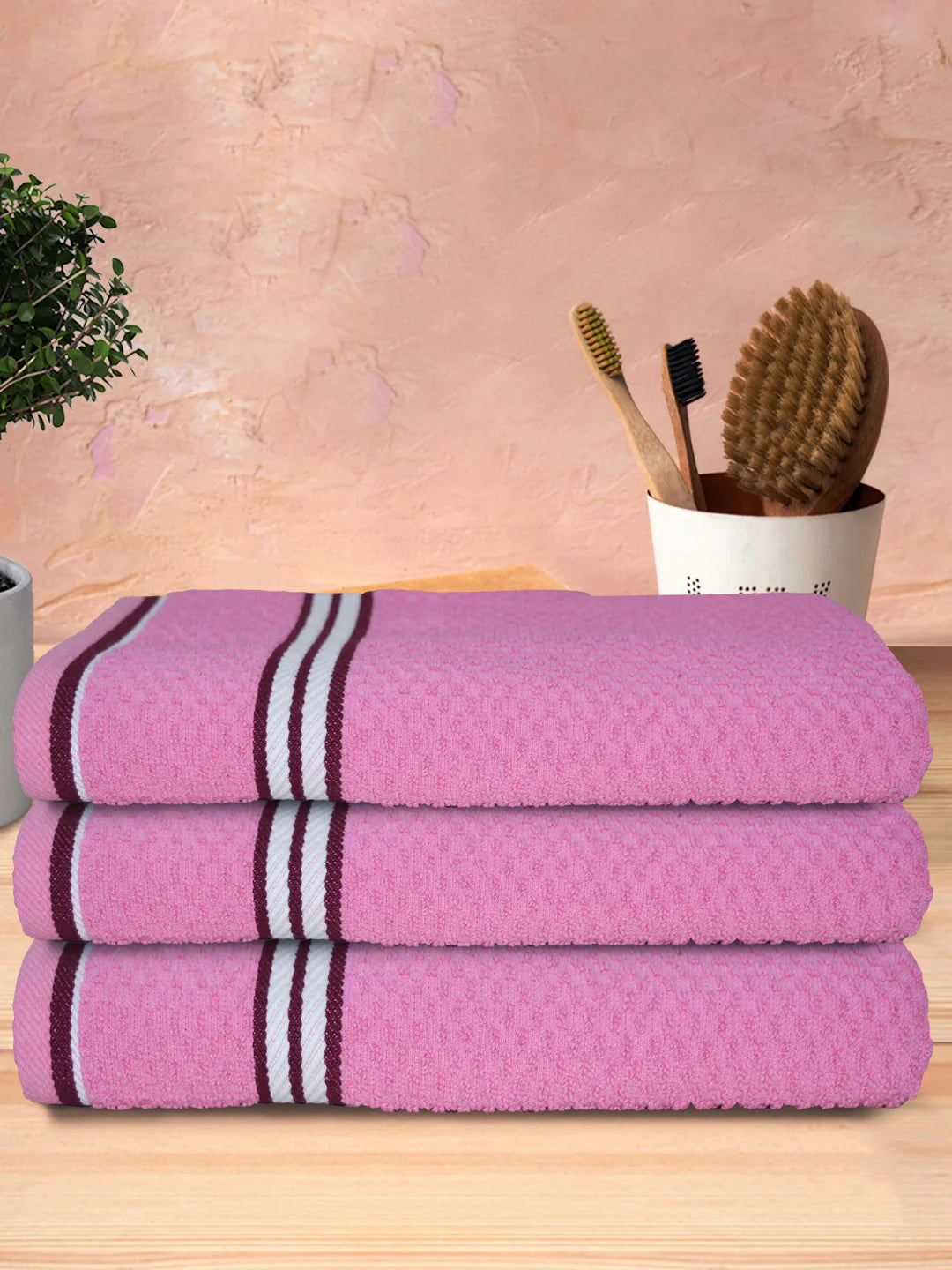 Athom Living Popcorn Textured Solid Bath Towel Pink 67x137 Cm Pack Of 3
