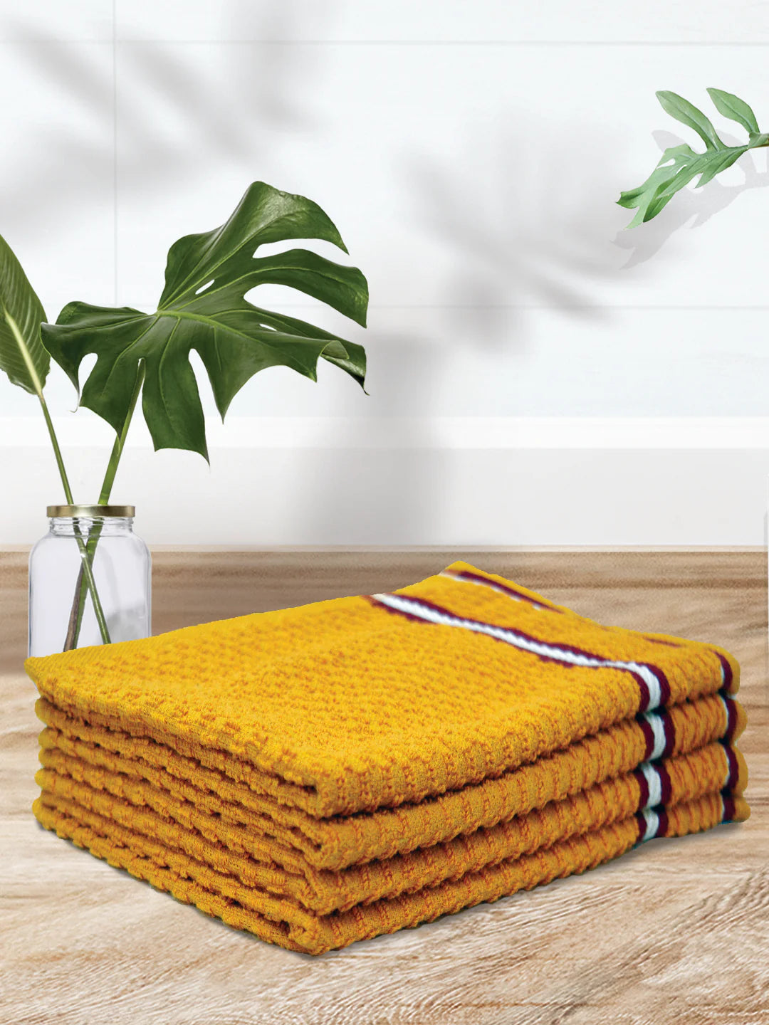 Athom Living Popcorn Textured Solid Cotton Hand Towel Yellow 35x55 Cm Set Of 4
