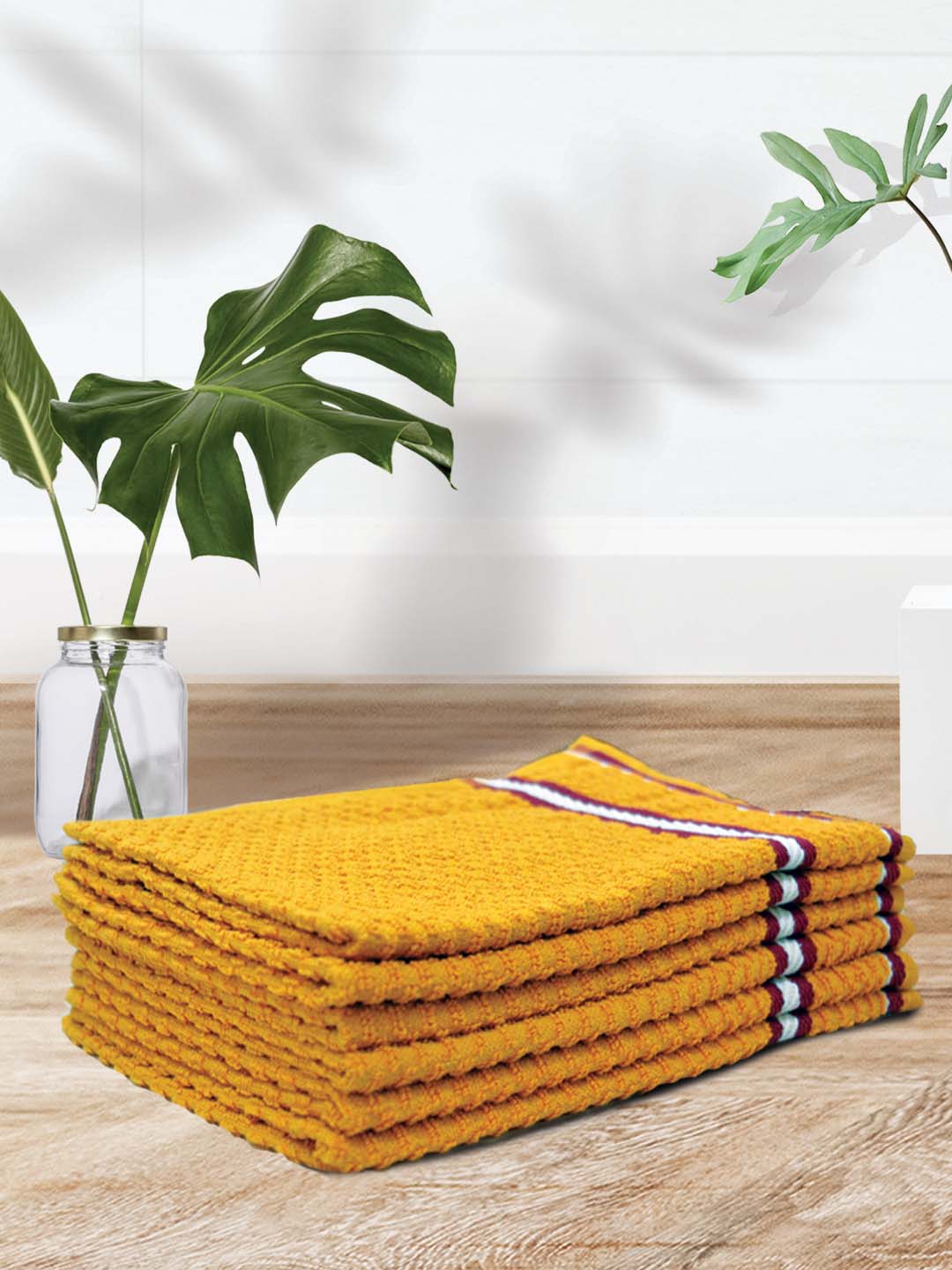 Athom Living Popcorn Textured Solid Cotton Hand Towel Yellow 35x55 Cm Set Of 6