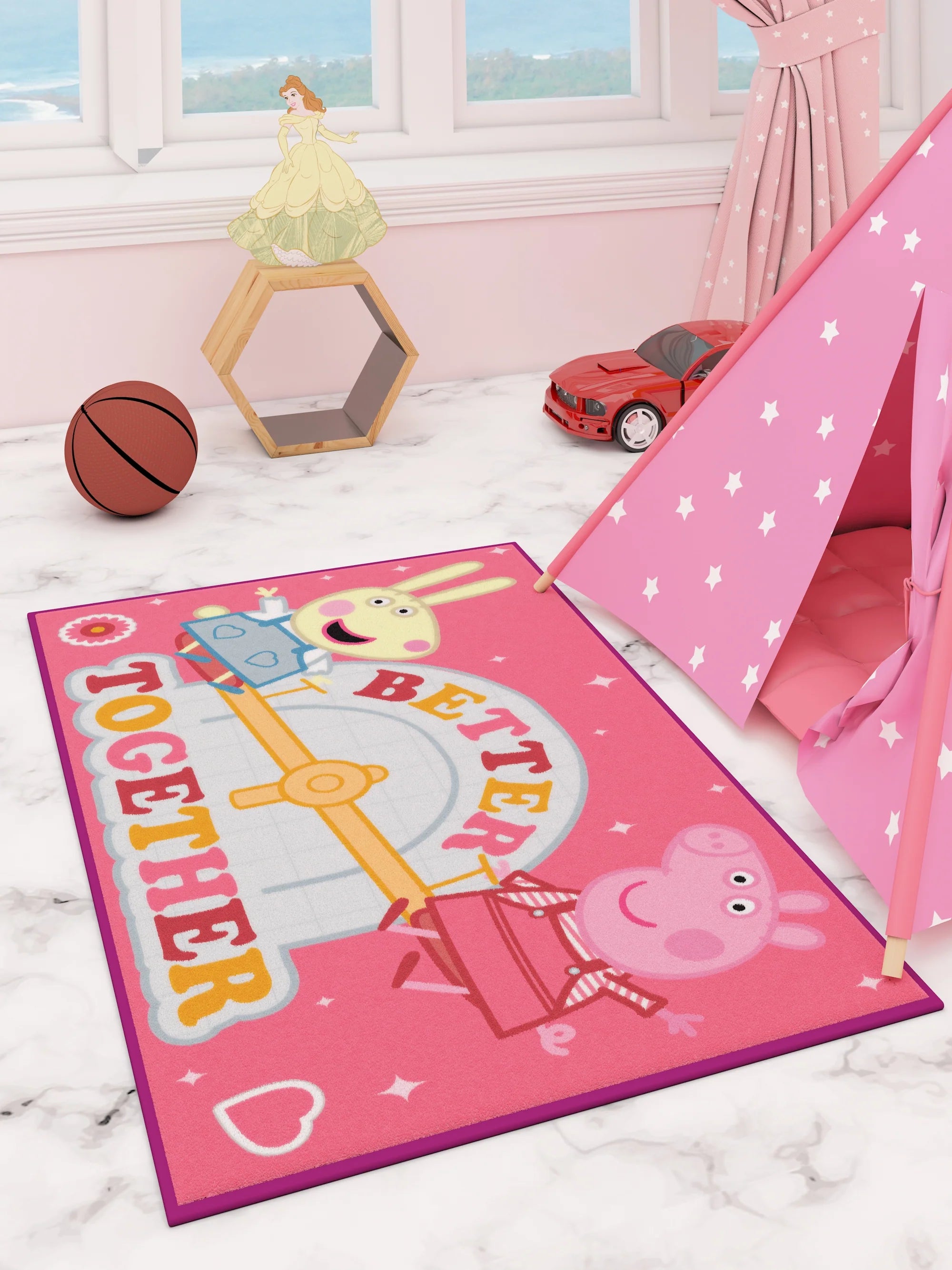 Peppa Pig Better Together Pink Kids Carpet 3ft X 5ft